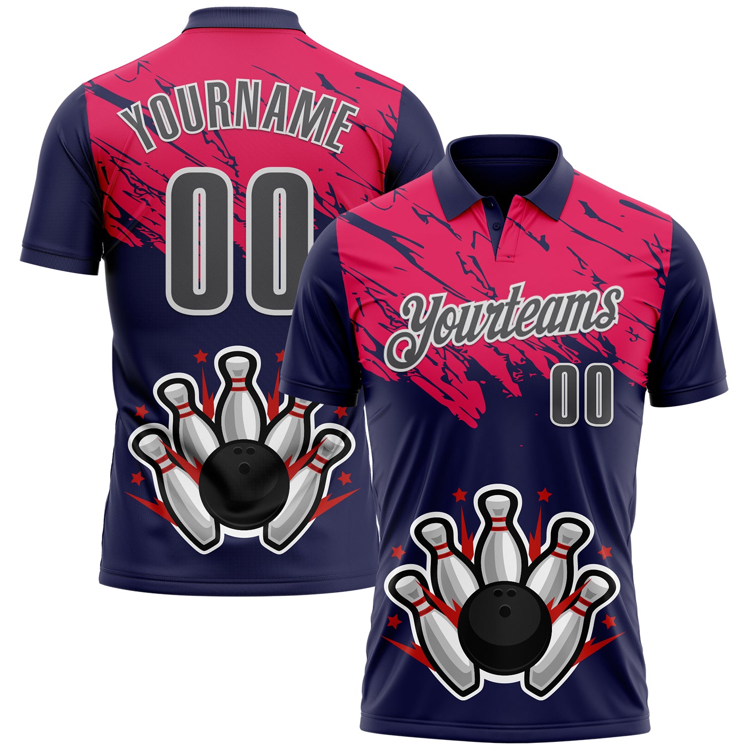 FansIdea Custom Royal Steel Gray Hot Pink-White Bowling Ball And Pins Strike Performance Polo Shirt - $19.99 at Proof Eyewear