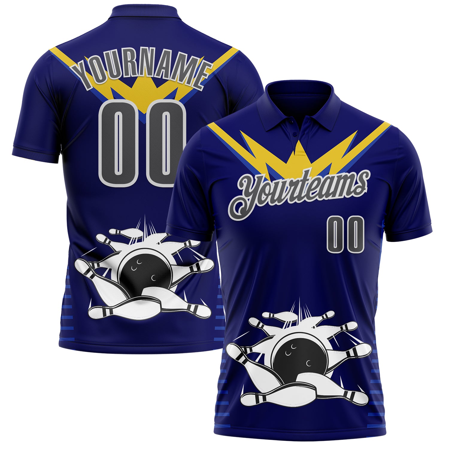 FansIdea Custom Royal Steel Gray-White Bowling Ball And Pins Strike Performance Polo Shirt - $19.99 at Proof Eyewear