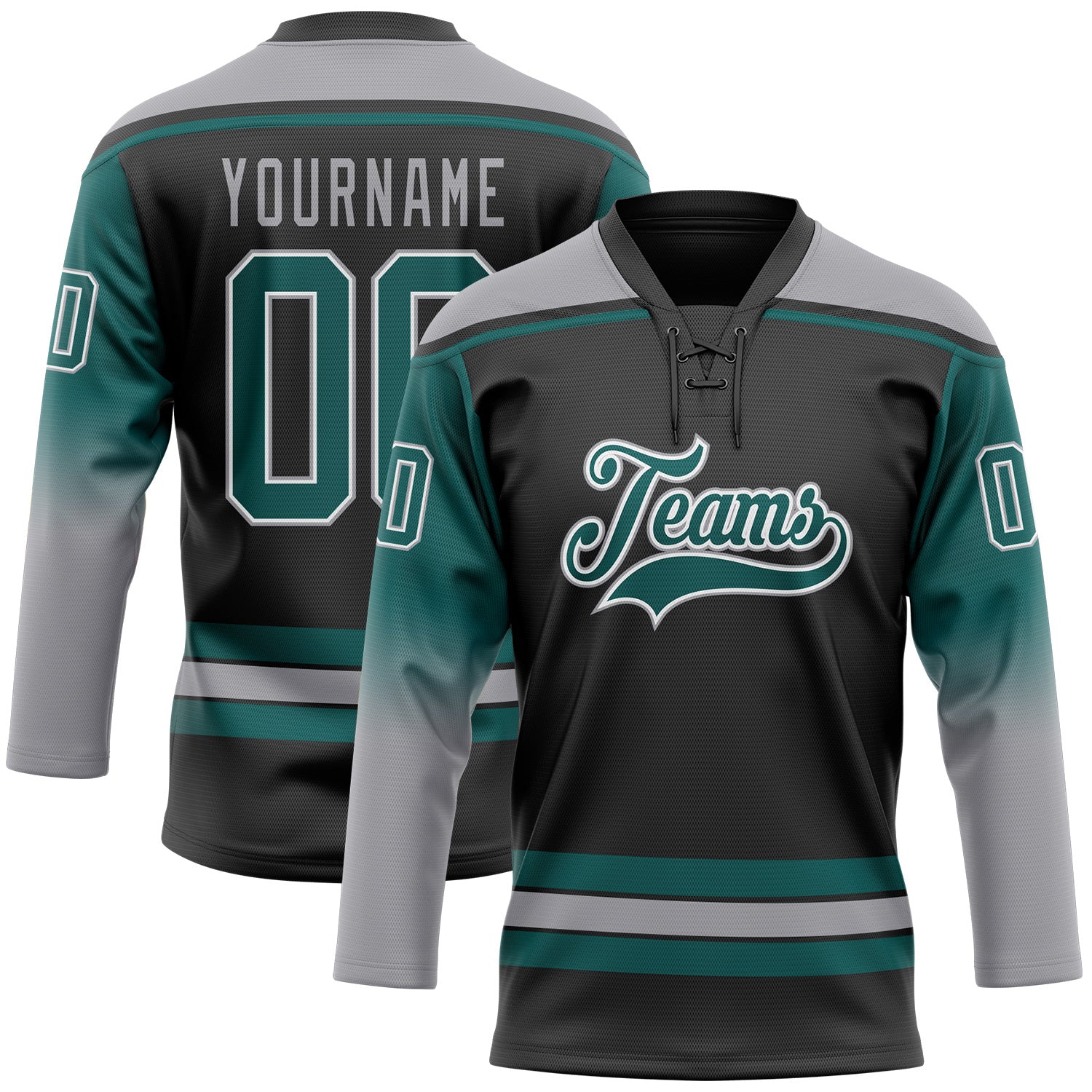 FansIdea Custom Black Teal Gray-White Gradient Sleeves Lace Neck Hockey Jersey - $29.99 at Proof Eyewear
