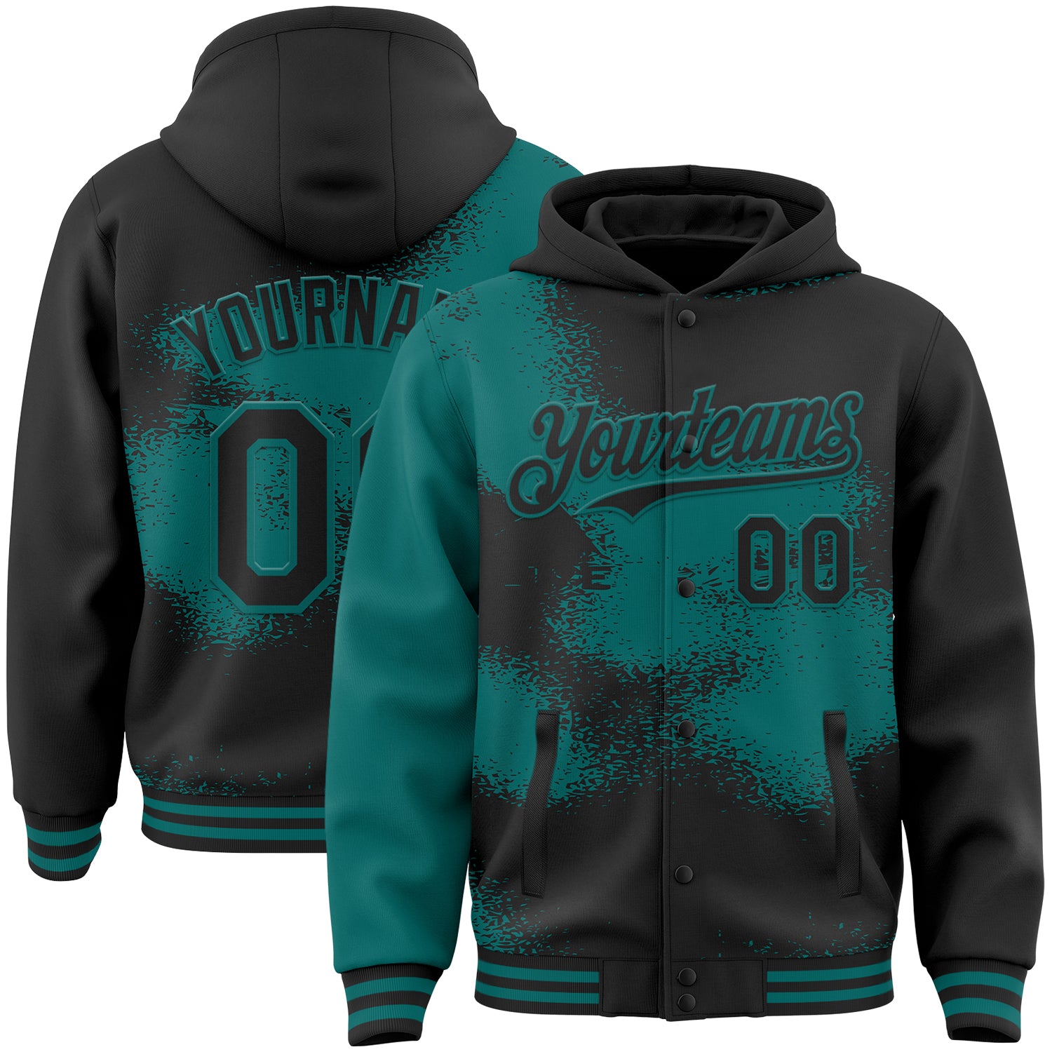 FansIdea Custom Black Teal Abstract Color Blocks Fragment Pattern Bomber Full-Snap Varsity Letterman Hoodie Jacket - $38.99 at Proof Eyewear