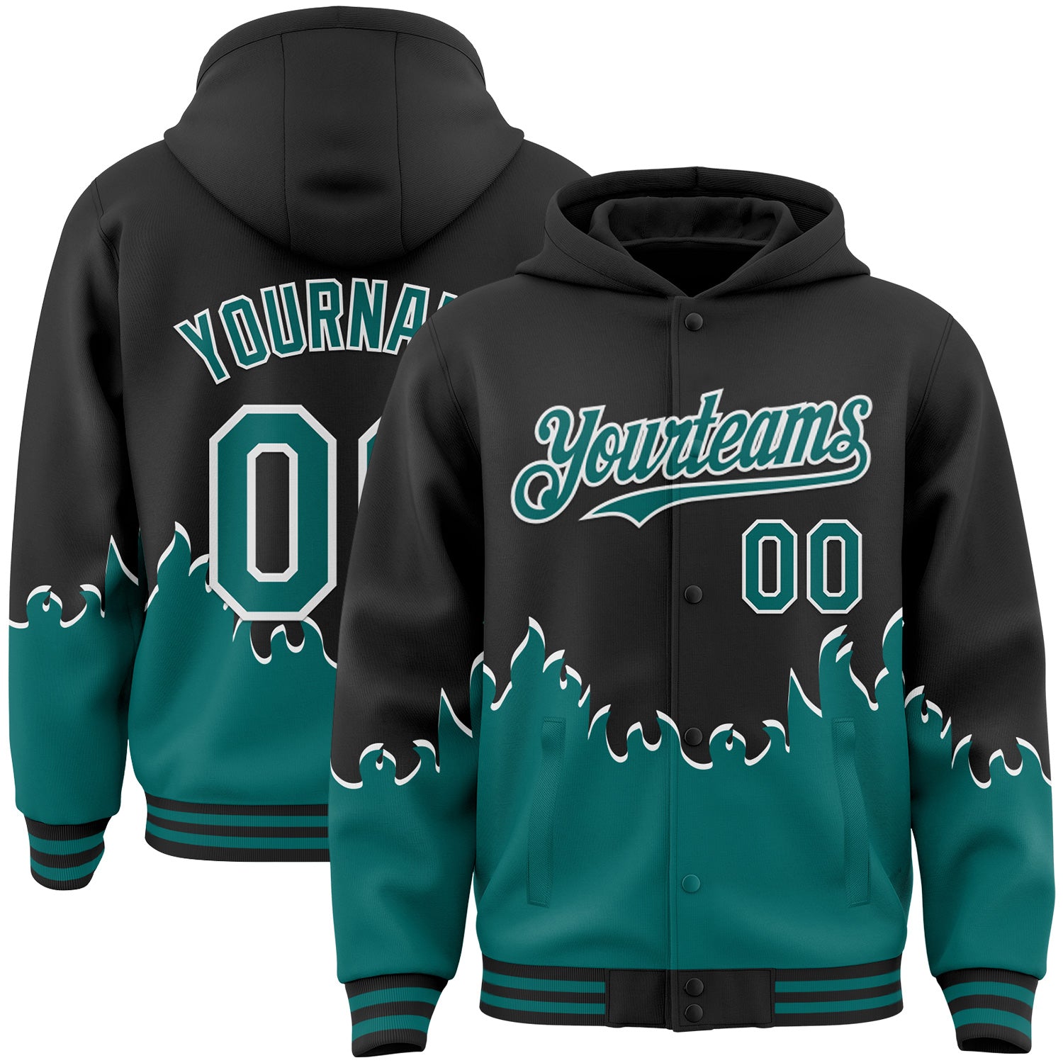 FansIdea Custom Black Teal-White Fire Flame Bomber Full-Snap Varsity Letterman Hoodie Jacket - $38.99 at Proof Eyewear