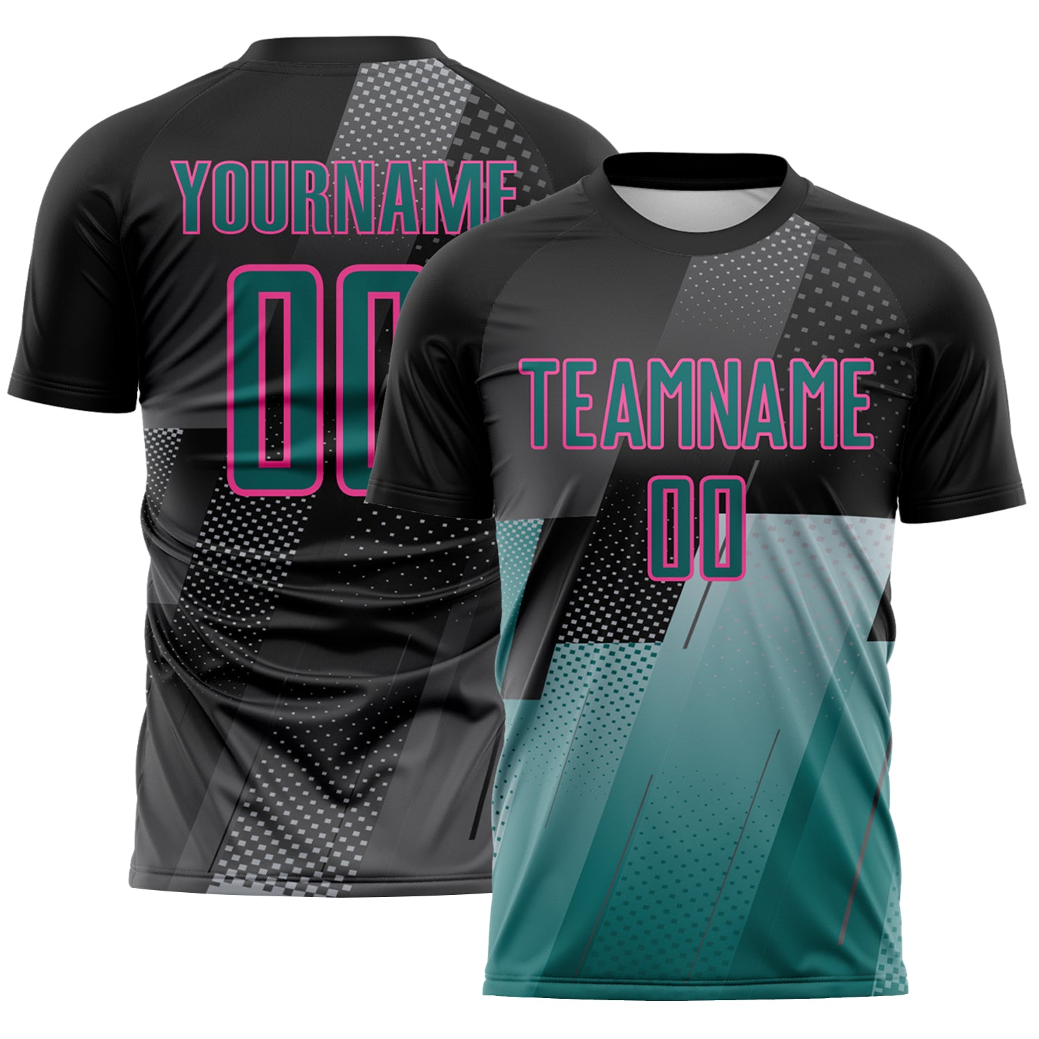 FansIdea Custom Black Teal Gray-Pink Geometric Diagonal Block Halftone Grid Sublimation Soccer Uniform Jersey - $16.99 at Proof Eyewear