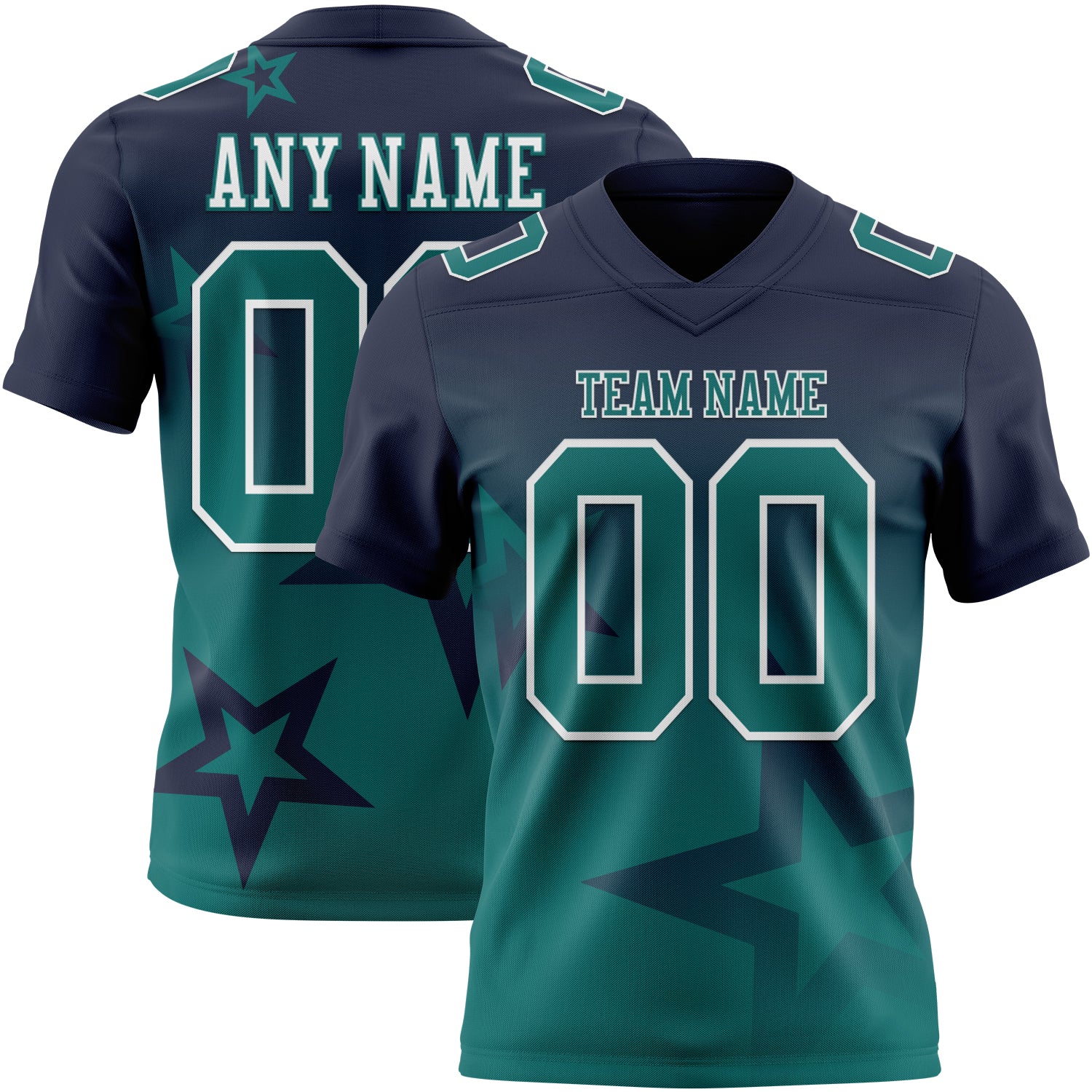 FansIdea Custom Navy Teal-White Authentic Gradient Style Twinkle Star Football Jersey - $19.99 at Proof Eyewear