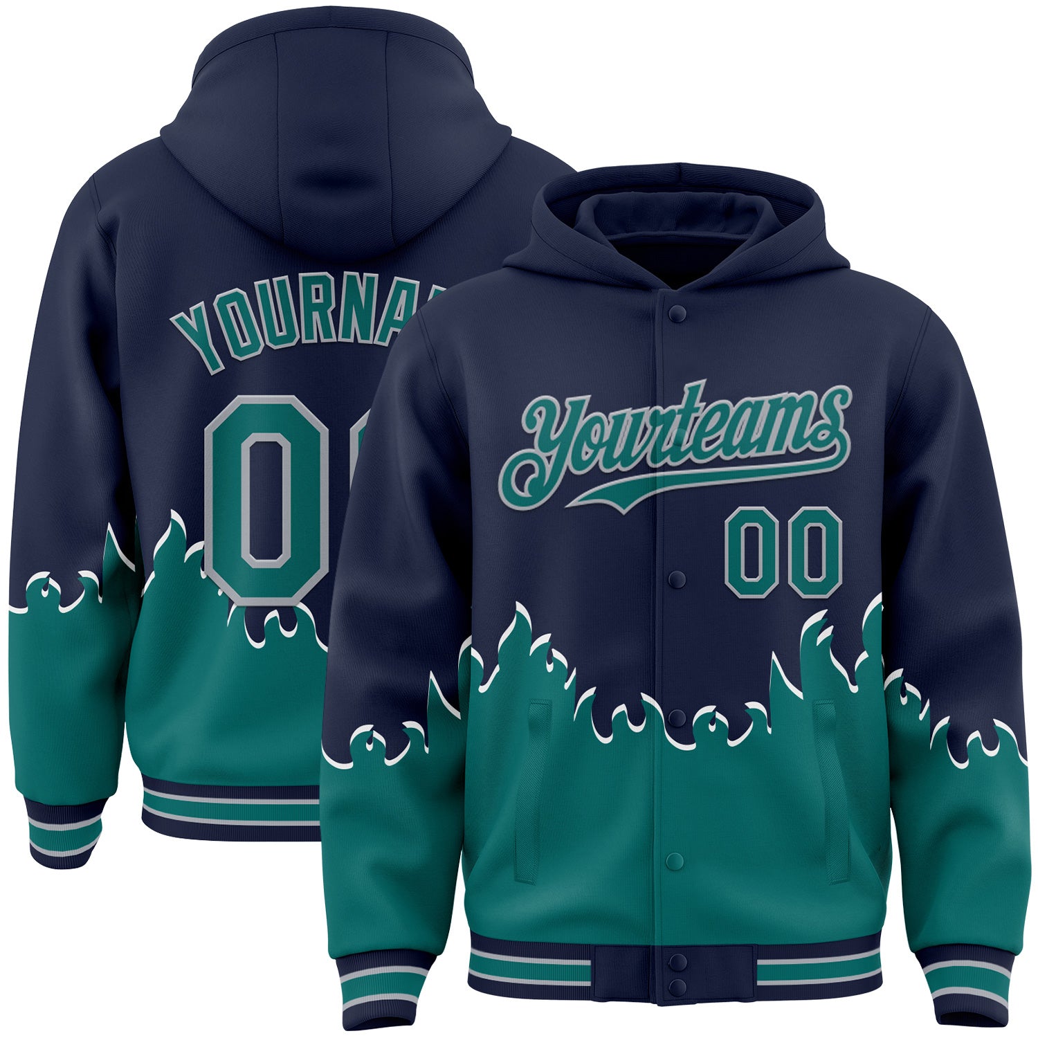 FansIdea Custom Navy Teal-Gray Fire Flame Bomber Full-Snap Varsity Letterman Hoodie Jacket - $38.99 at Proof Eyewear