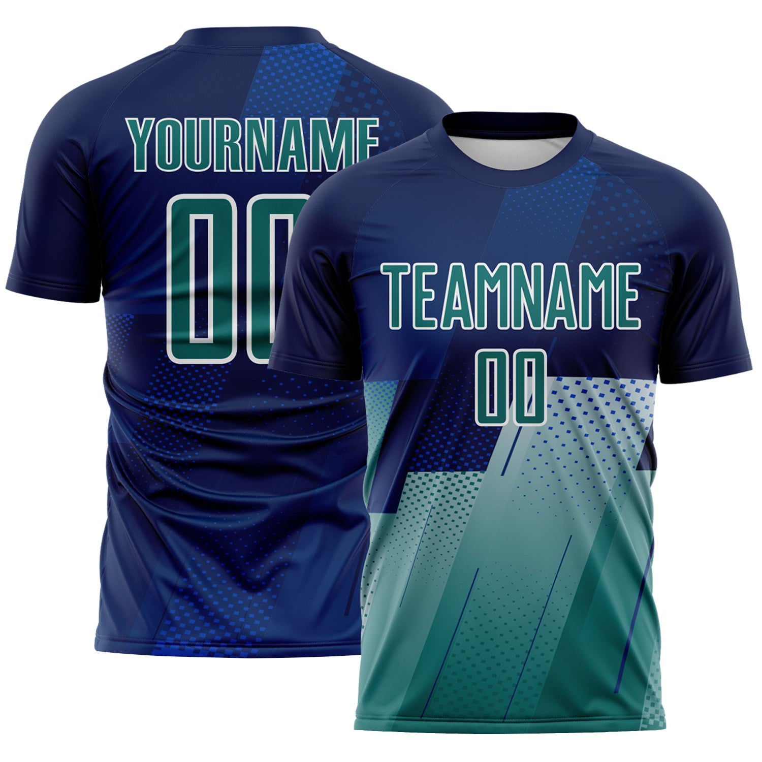 FansIdea Custom Navy Teal Blue-White Geometric Diagonal Block Halftone Grid Sublimation Soccer Uniform Jersey - $16.99 at Proof Eyewear