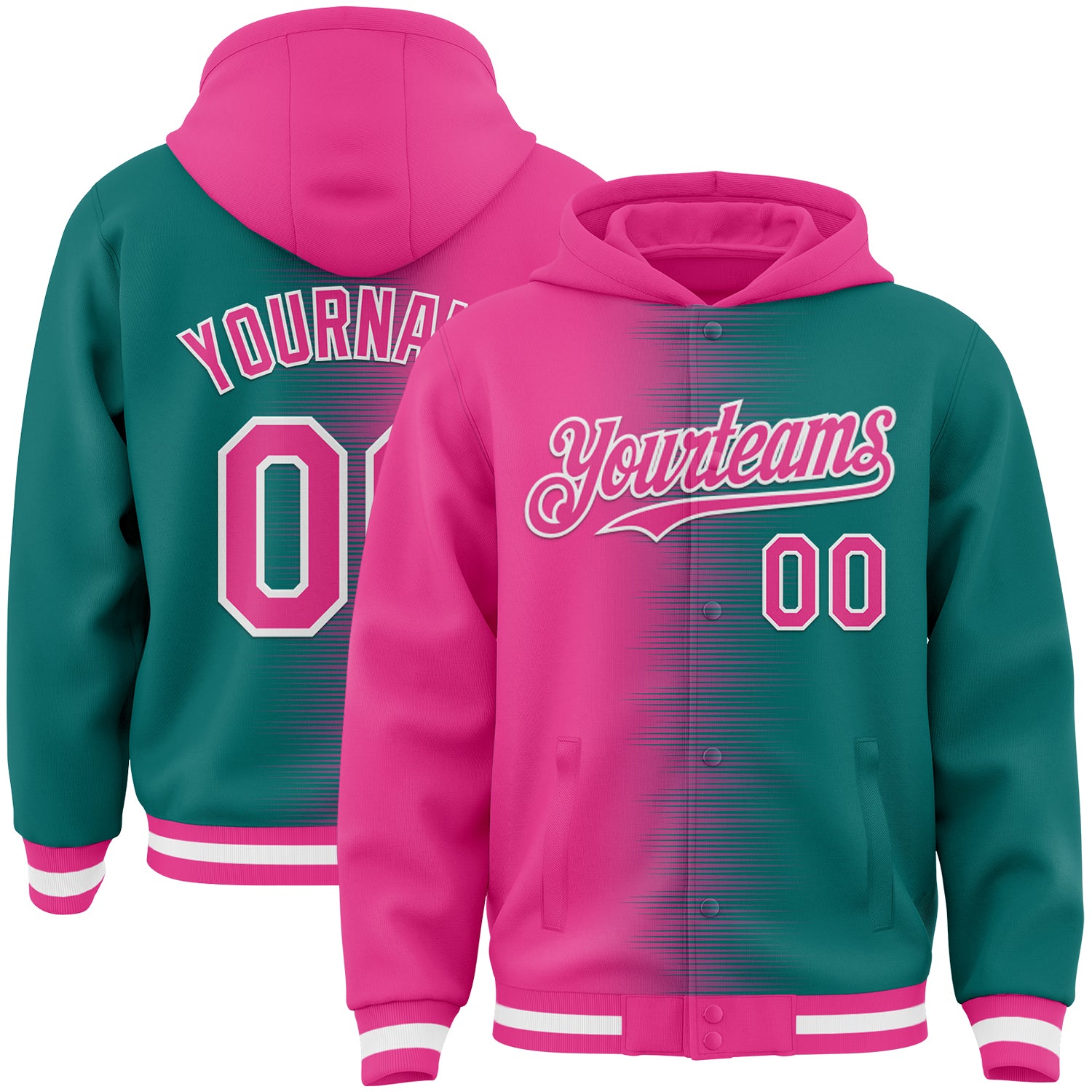 FansIdea Custom Pink Teal-White Gradient Line Bomber Full-Snap Varsity Letterman Hoodie Jacket - $38.99 at Proof Eyewear