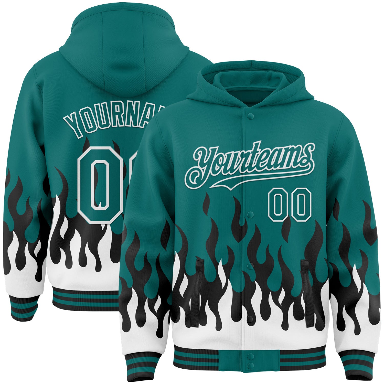 FansIdea Custom Teal Black-White Fire Flame Bomber Full-Snap Varsity Letterman Hoodie Jacket - $38.99 at Proof Eyewear