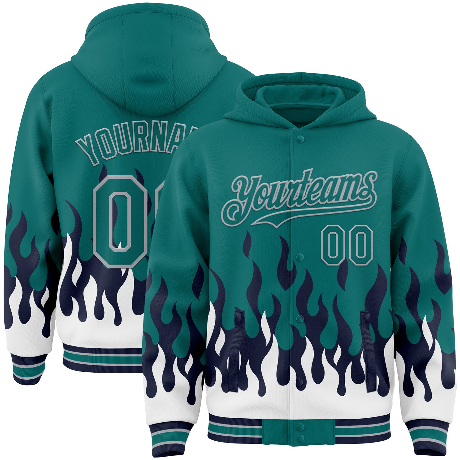 FansIdea Custom Teal Navy White-Gray Fire Flame Bomber Full-Snap Varsity Letterman Hoodie Jacket - $38.99 at Proof Eyewear