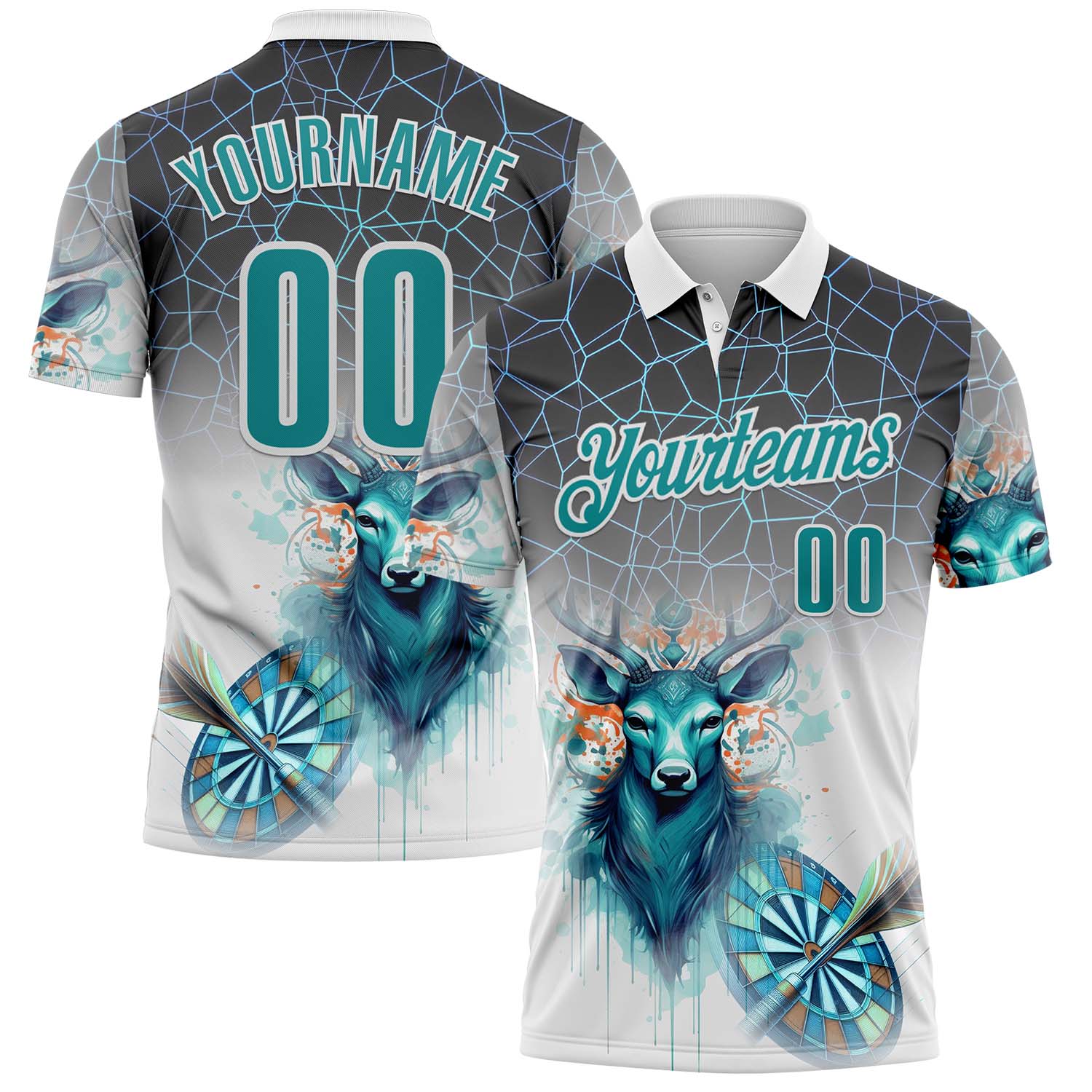 FansIdea Custom White Teal-Gray Darts Deer Dartboard Performance Polo Shirt - $19.99 at Proof Eyewear