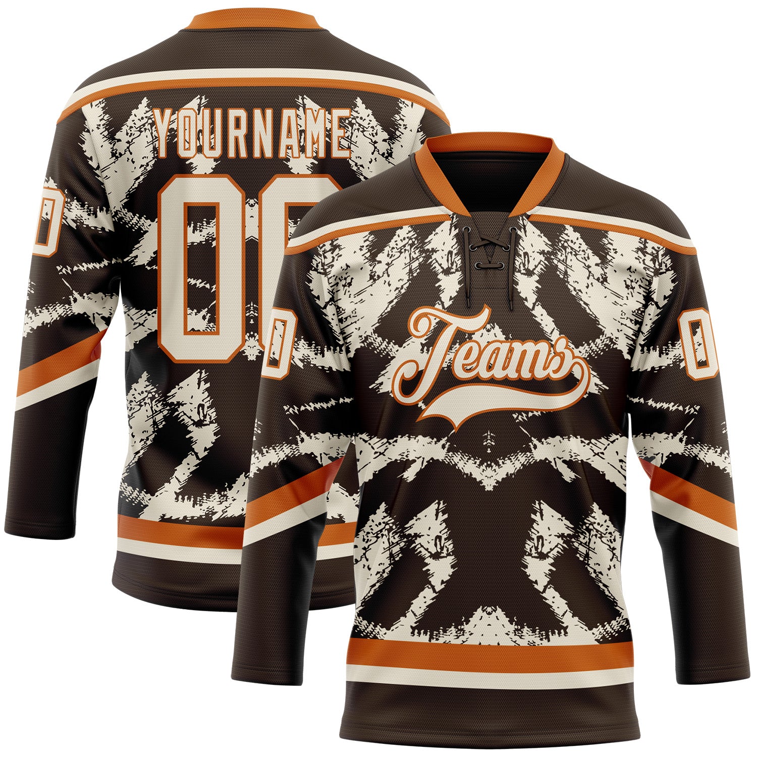 FansIdea Custom Brown Cream-Texas Orange Tribal Indigenous Grunge Splash Hockey Lace Neck Jersey - $29.99 at Proof Eyewear