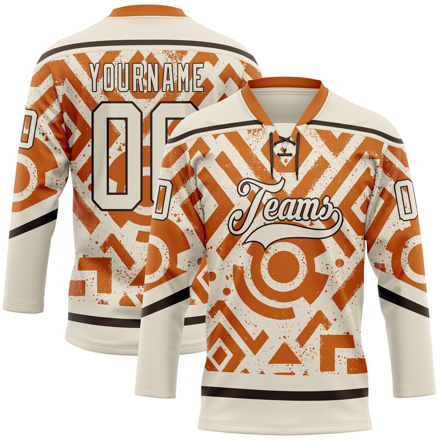 FansIdea Custom Cream Texas Orange-Brown Tribal Indigenous Grunge Geometric Splash Hockey Lace Neck Jersey - $29.99 at Proof Eyewear