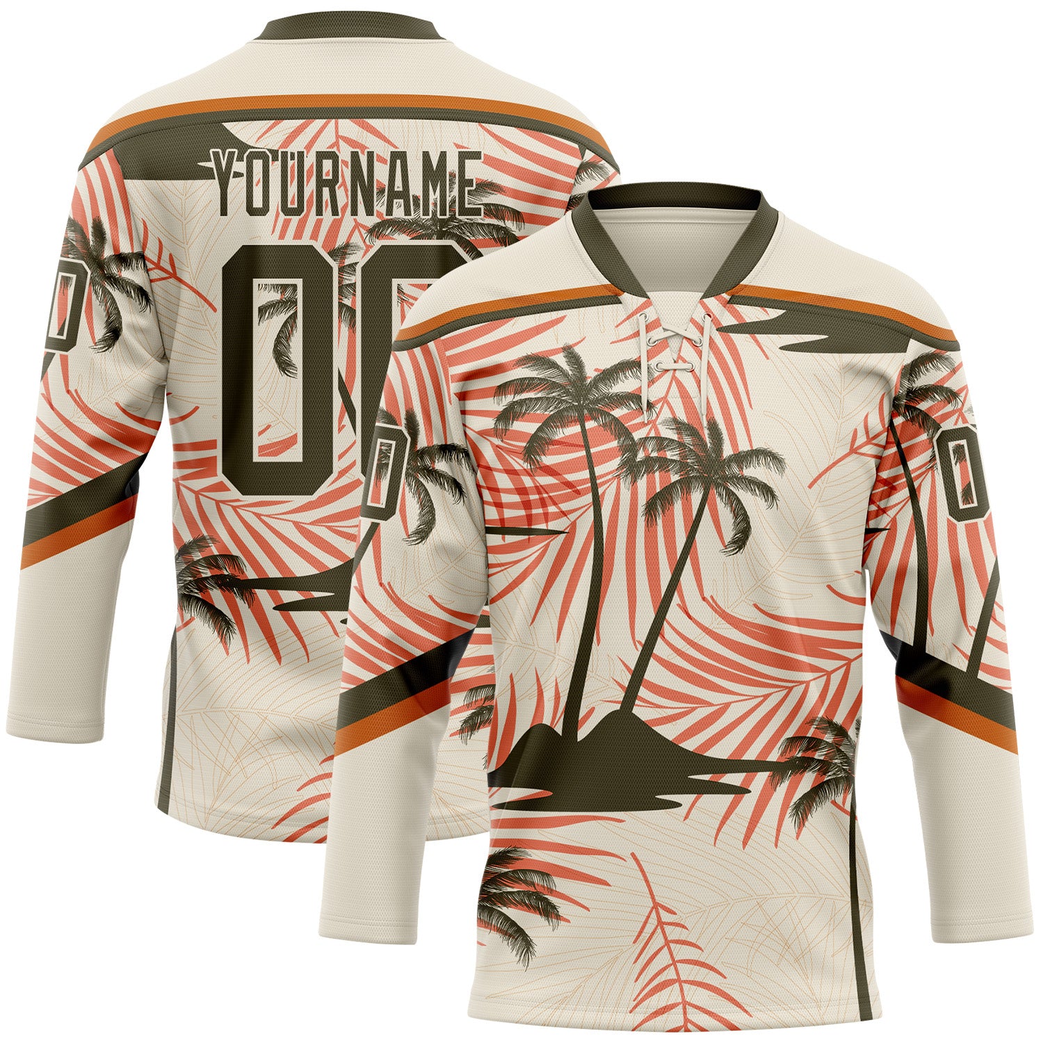 FansIdea Custom Cream Olive-Texas Orange Hawaii Tropical Palm Trees Hockey Lace Neck Jersey - $29.99 at Proof Eyewear