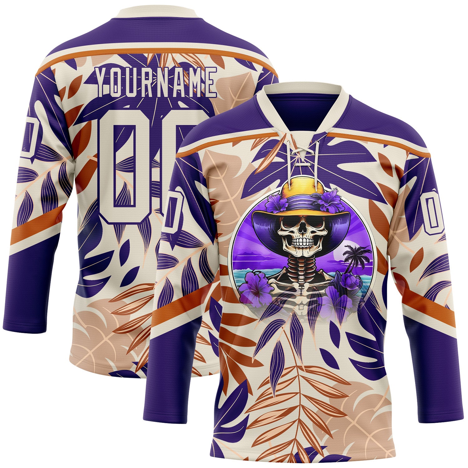 FansIdea Custom Purple Cream-Texas Orange Hawaii Tropical Palm Trees Hockey Lace Neck Jersey - $29.99 at Proof Eyewear
