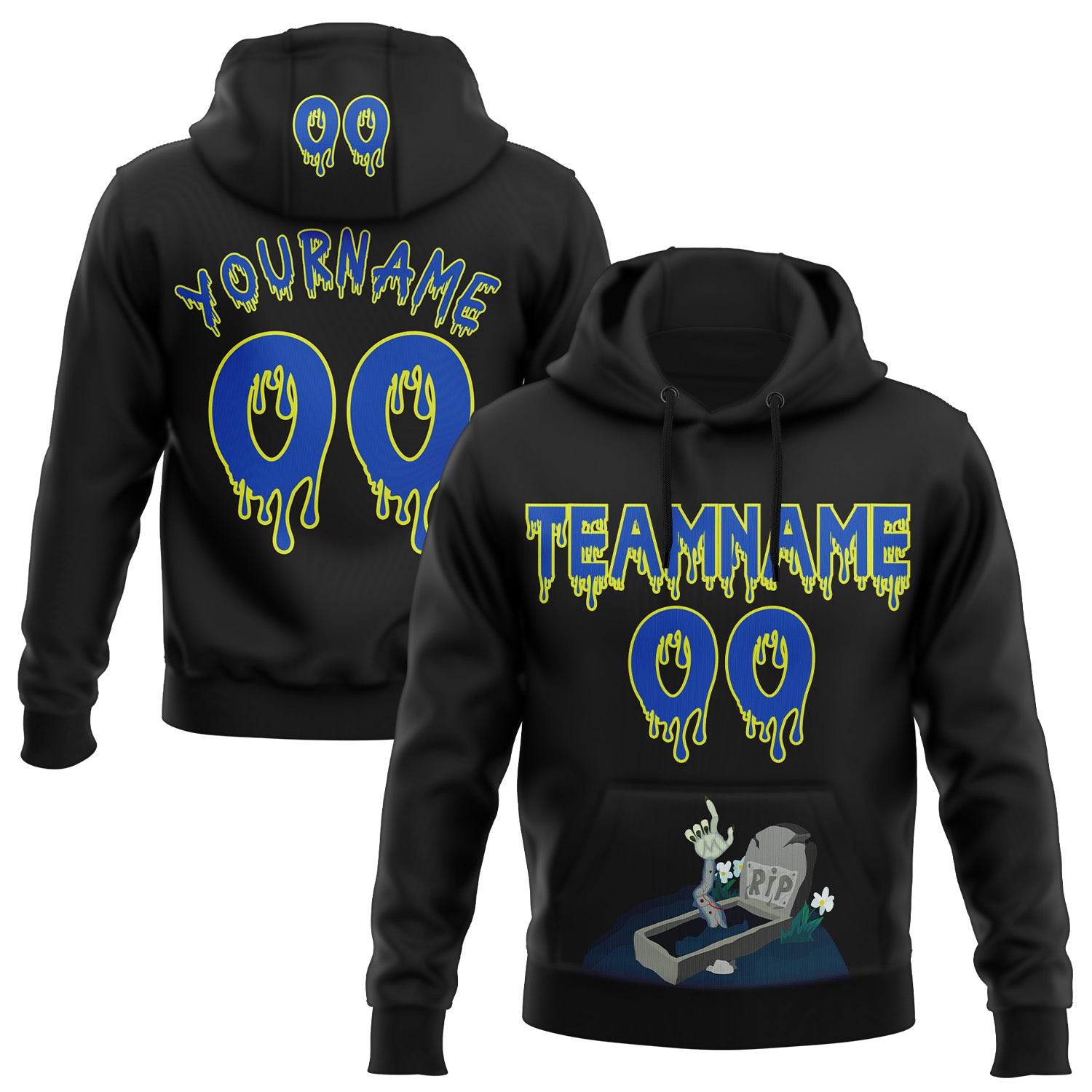 FansIdea Custom  Black Thunder Blue-Neon Yellow Halloween Grave Pullover Sweatshirt Hoodie - $32.99 at Proof Eyewear