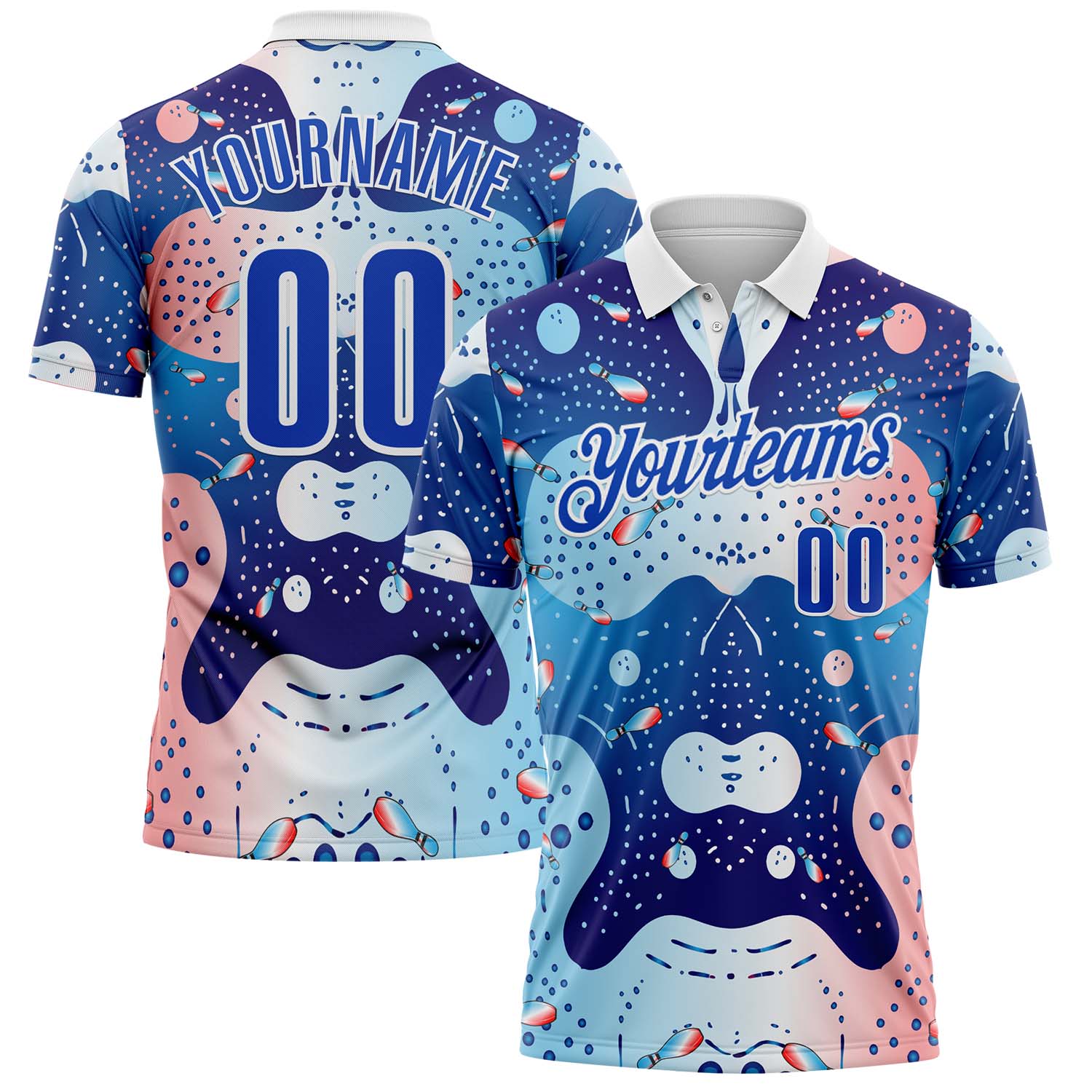 FansIdea Custom Blue Thunder Blue Light Pink-White Bowling Geometric Performance Polo Shirt - $19.99 at Proof Eyewear