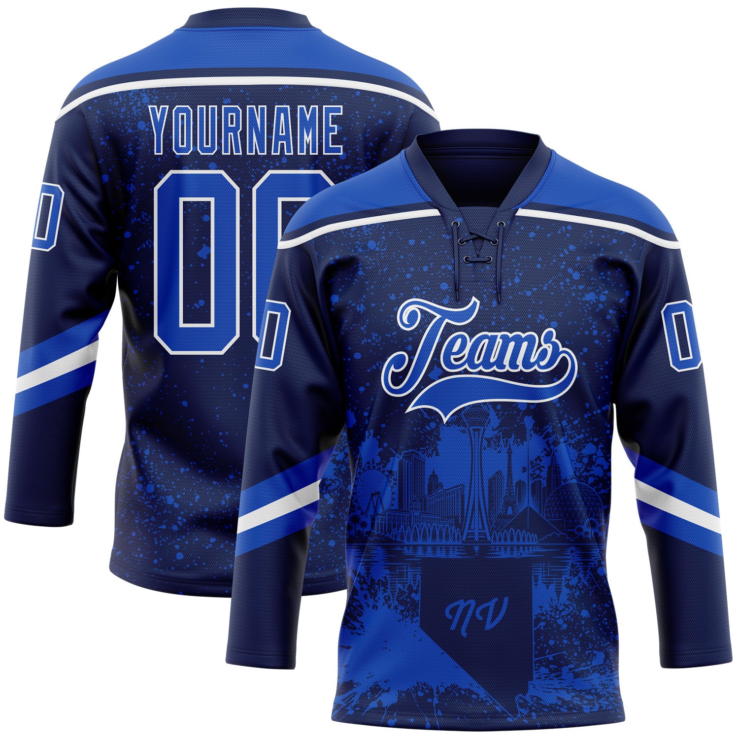 FansIdea Custom Navy Thunder Blue-White Las Vegas NV City Skyline State Pride Paint Splatter Lace Neck Hockey Jersey - $29.99 at Proof Eyewear