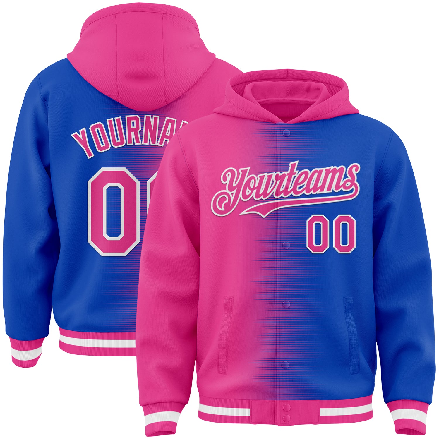 FansIdea Custom Pink Thunder Blue-White Gradient Line Bomber Full-Snap Varsity Letterman Hoodie Jacket - $38.99 at Proof Eyewear