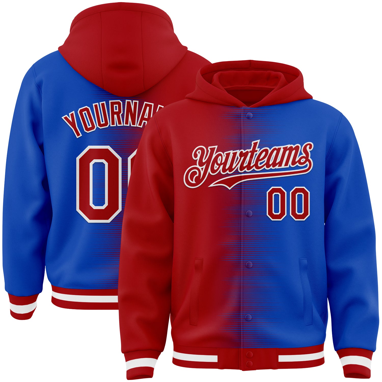 FansIdea Custom Red Thunder Blue-White Gradient Line Bomber Full-Snap Varsity Letterman Hoodie Jacket - $38.99 at Proof Eyewear