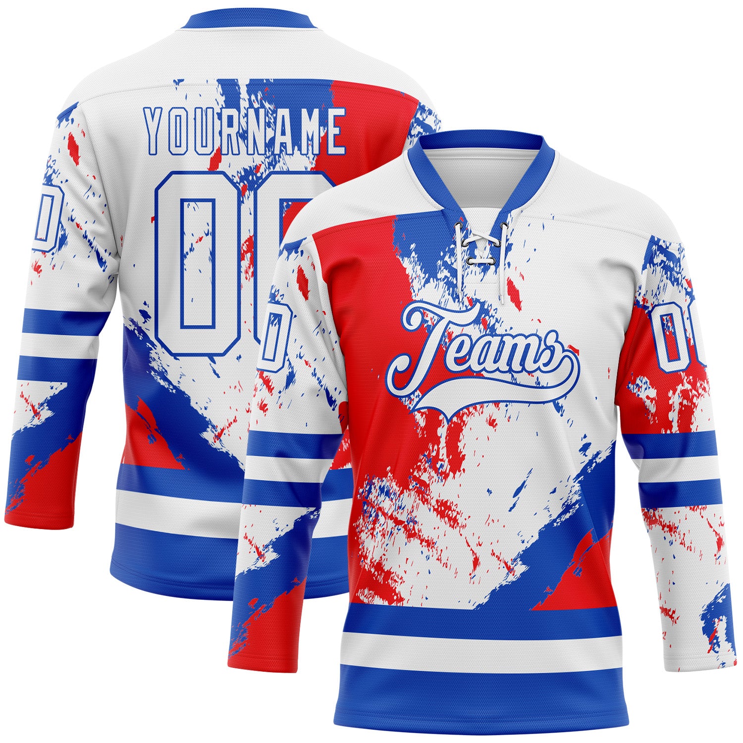 FansIdea Custom White Thunder Blue-Red Abstract Splatter Paint Hockey Lace Neck Jersey - $29.99 at Proof Eyewear