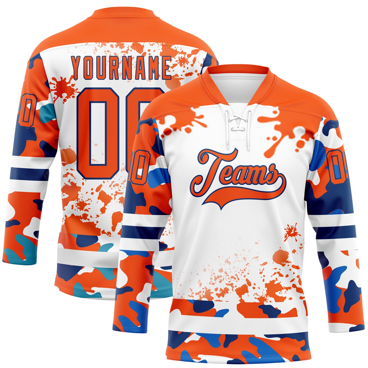 FansIdea Custom Camo Orange US Navy Blue-White Splash Hockey Lace Neck Jersey - $29.99 at Proof Eyewear