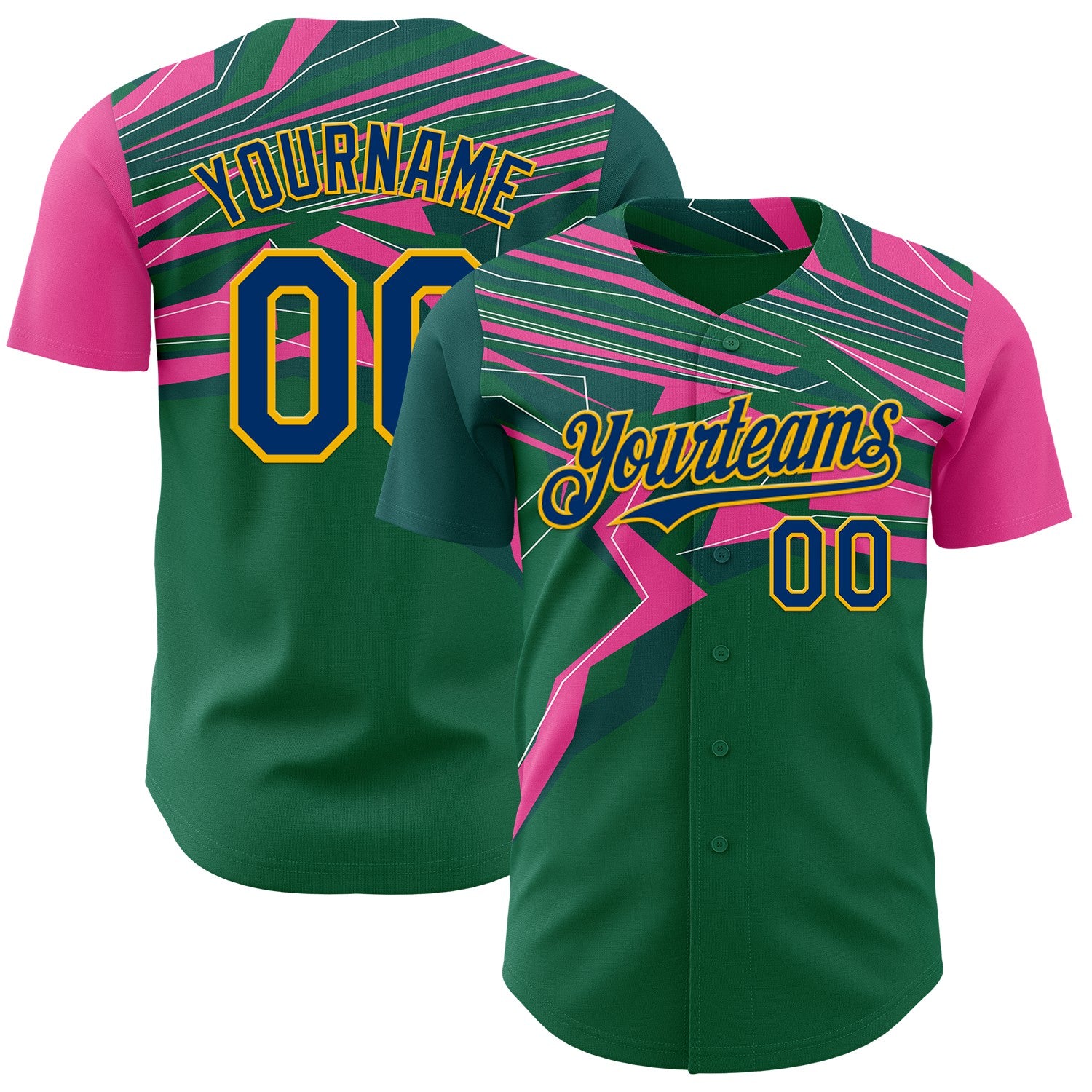 FansIdea Custom Green US Navy Blue Hot Pink-Gold Geometric Patchwork Asymmetry Authentic Baseball Jersey - $29.99 at Proof Eyewear