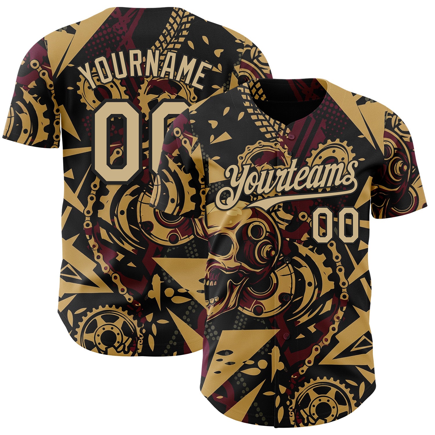 FansIdea Custom Black Vegas Gold Old Gold-Red 3D Pattern Design Motorcycle Motocross Skull Authentic Baseball Jersey - $29.99 at Proof Eyewear
