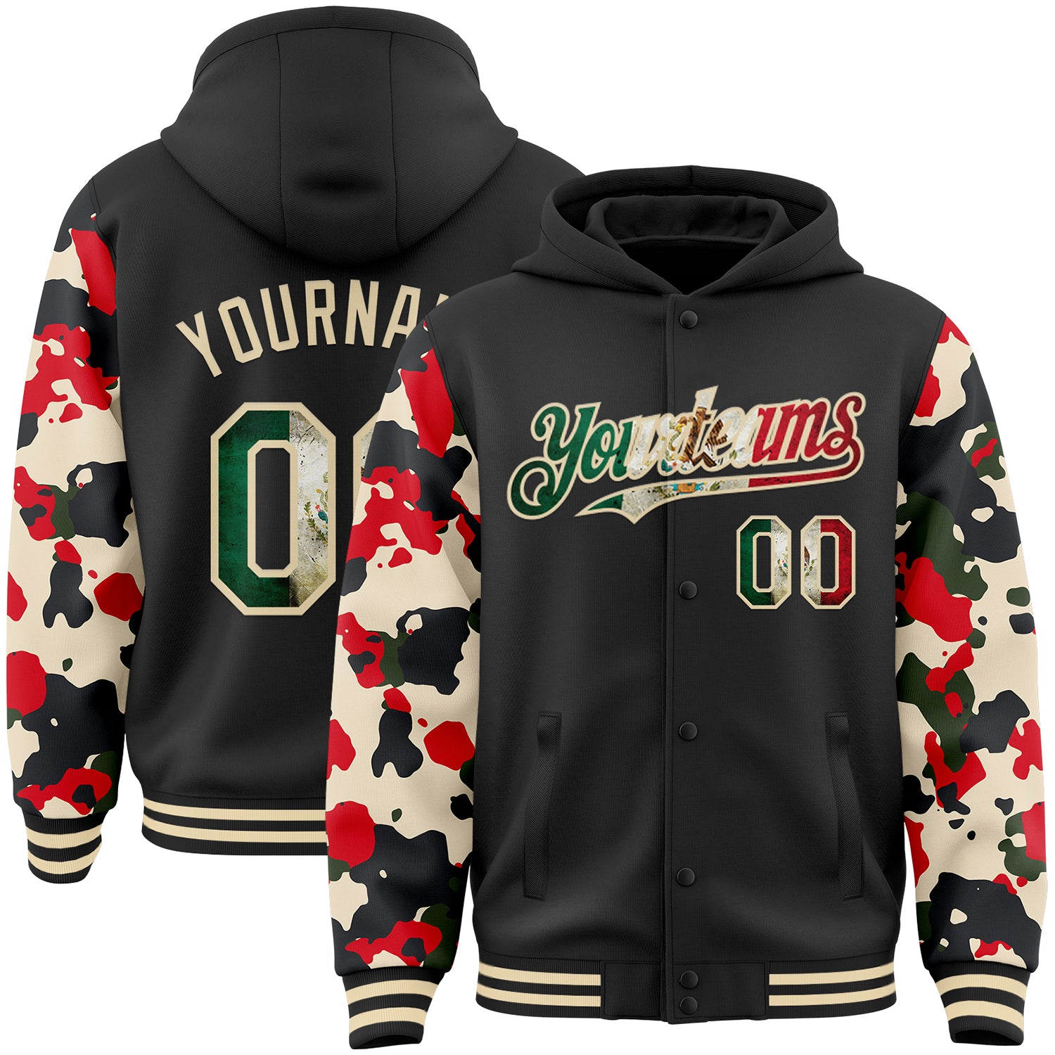 FansIdea Custom Black Vintage Mexican Flag-Cream Digital Camo Two Tone Bomber Full-Snap Varsity Letterman Hoodie Jacket - $38.99 at Proof Eyewear