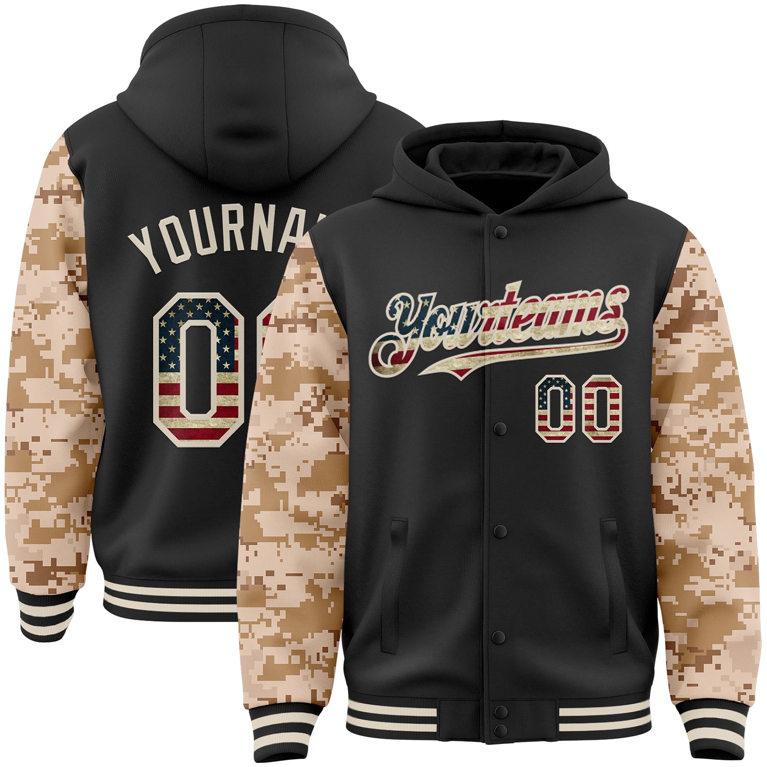 Custom Black Vintage USA Flag-Cream Digital Camo Two Tone Bomber Full-Snap Varsity Letterman Hoodie Jacket
