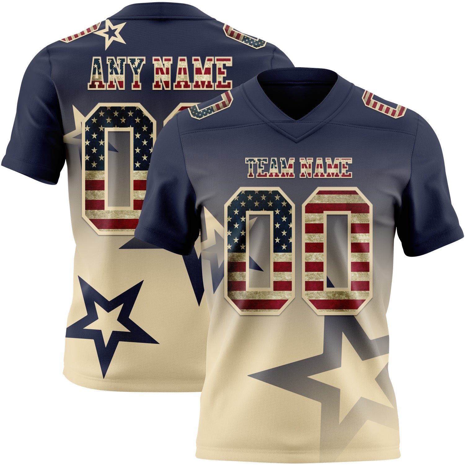 FansIdea Custom Navy Vintage USA Flag-Cream Authentic Gradient Style Twinkle Star Football Jersey - $19.99 at Proof Eyewear