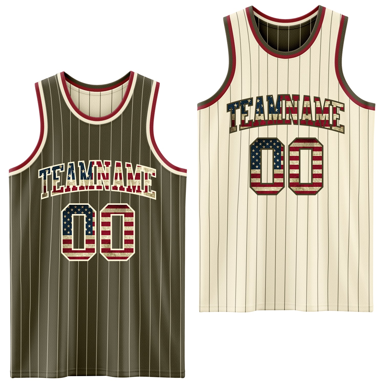 FansIdea Custom Olive Cream Pinstripe Vintage USA Flag-Maroon Reversible Double Side Sublimation Basketball Set Jersey - $17.99 at Proof Eyewear