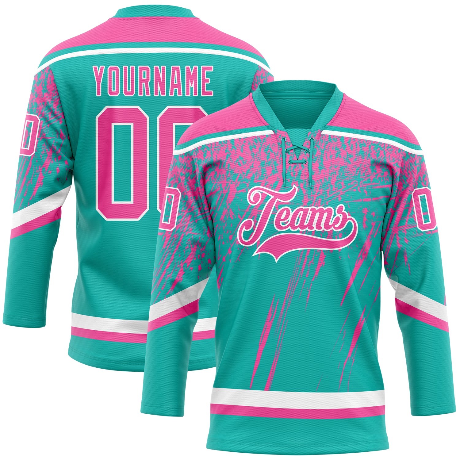 Custom Aqua Pink-White 3D Splash Hockey Lace Neck Jersey