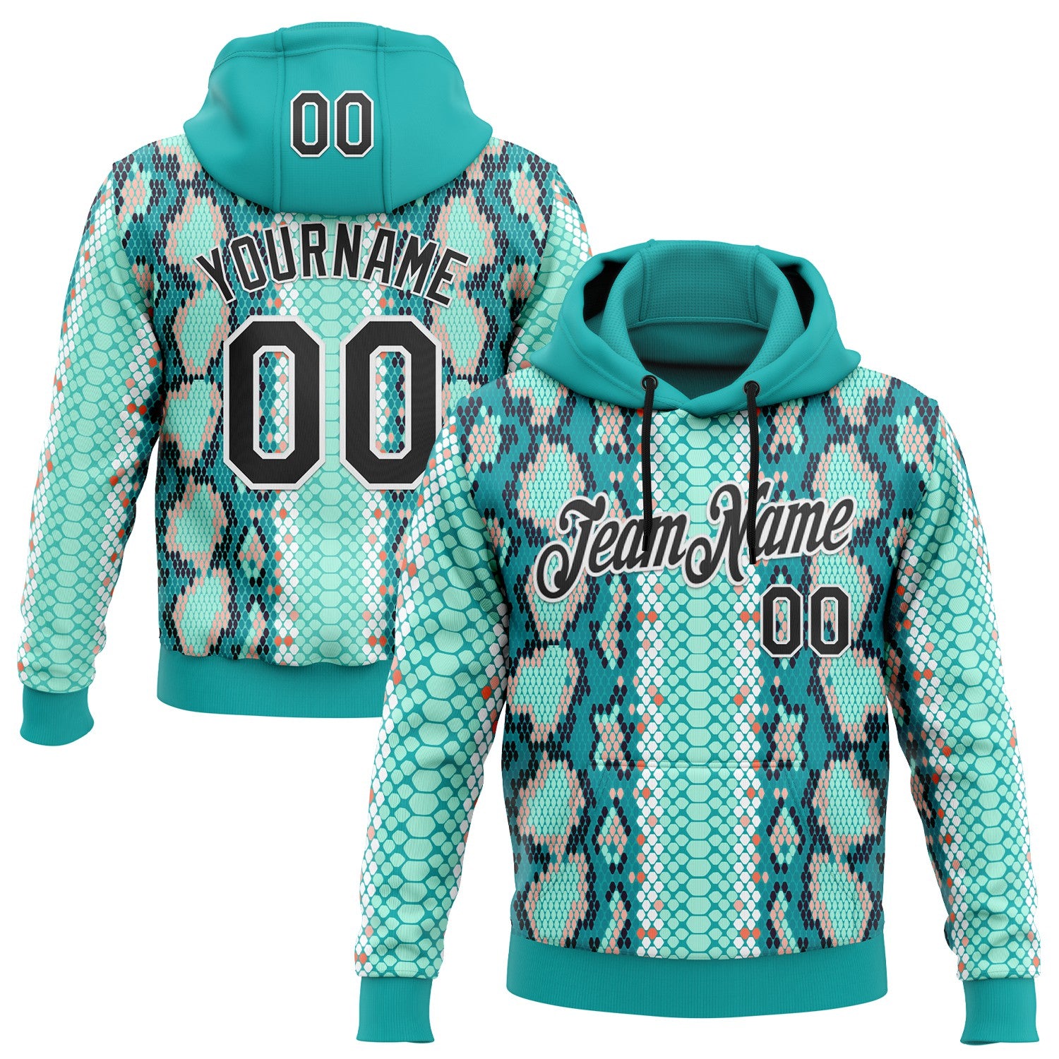 FansIdea Custom Stitched Aqua Black-White 3D Pattern Design Snake Skin Print Sportswear Pullover Sweatshirt Hoodie - $32.99 at Proof Eyewear