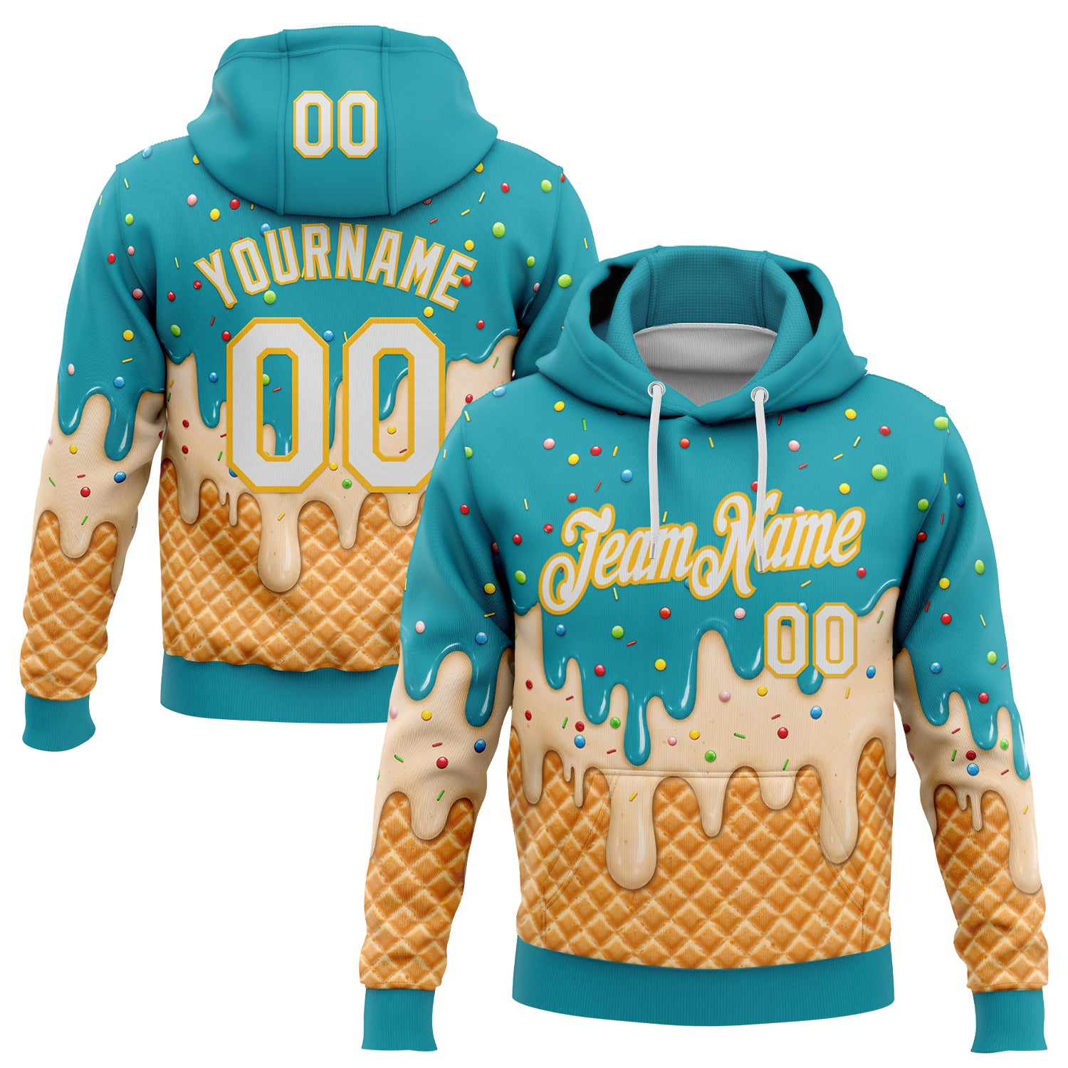 FansIdea Custom Stitched Aqua White-Gold Ice Cream Waffle Foodie Dessert Pullover Sweatshirt Hoodie - $32.99 at Proof Eyewear