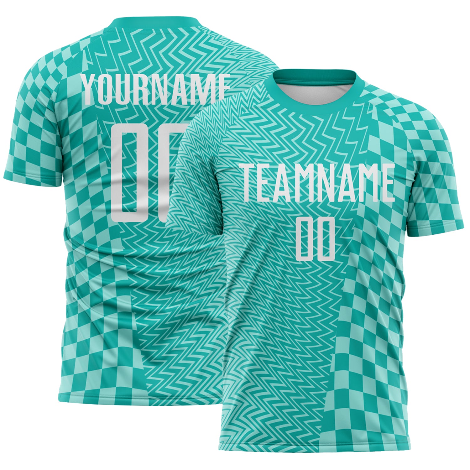 FansIdea Custom Aqua White-Ice Blue Geometric Patchwork Asymmetry Checkered Zigzag Lines Sublimation Soccer Uniform Jersey - $16.99 at Proof Eyewear