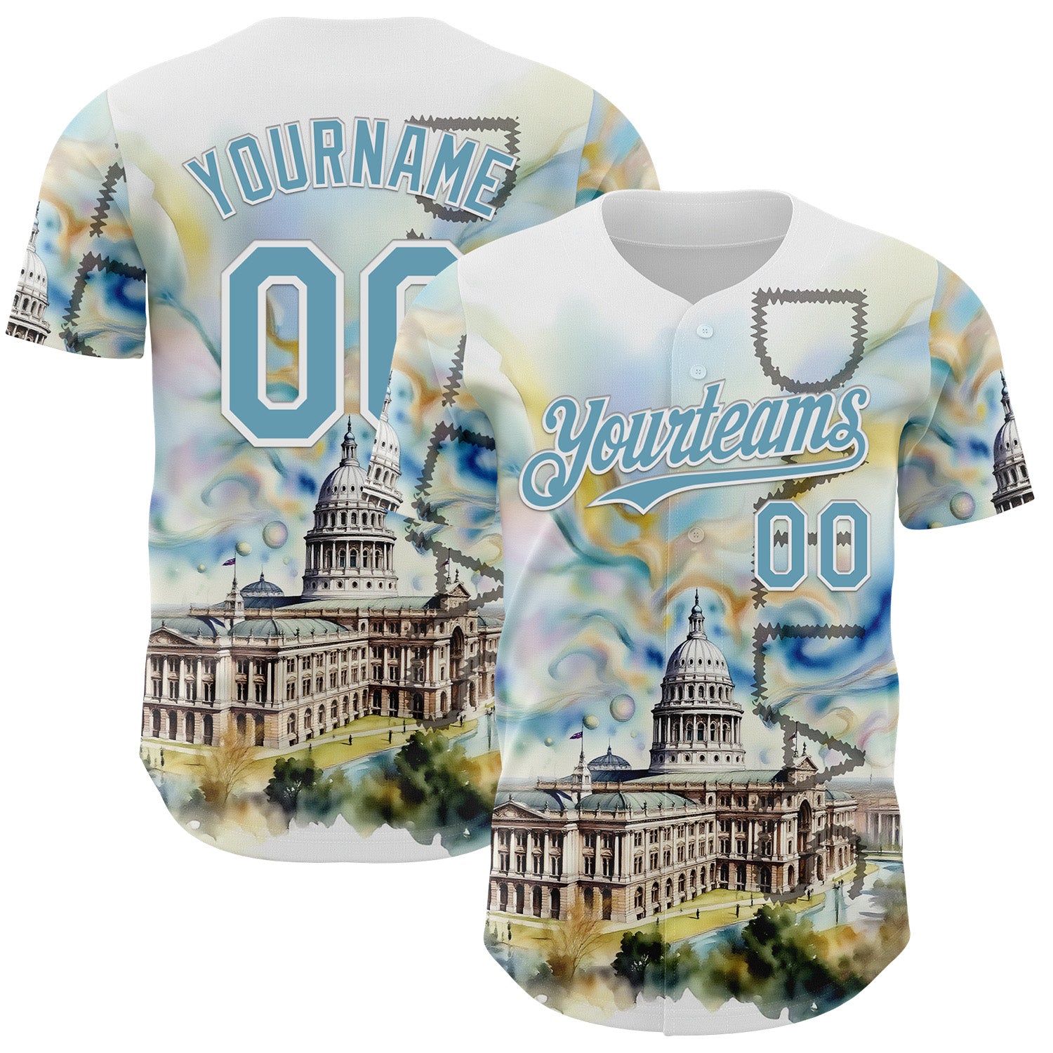 FansIdea Custom White Shadow Blue Dallas Texas State Capitol Landmark City Symbol Authentic Baseball Jersey - $29.99 at Proof Eyewear