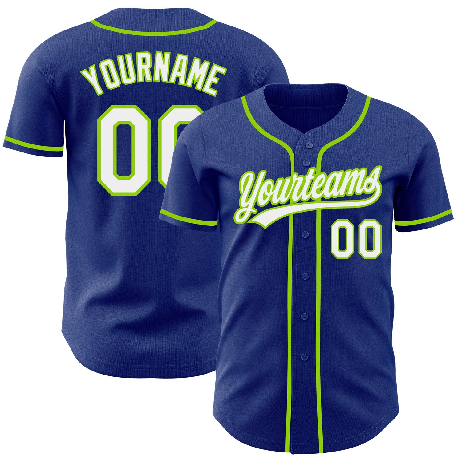 FansIdea Custom Royal White-Neon Green Authentic Baseball Jersey - $27.99 at Proof Eyewear