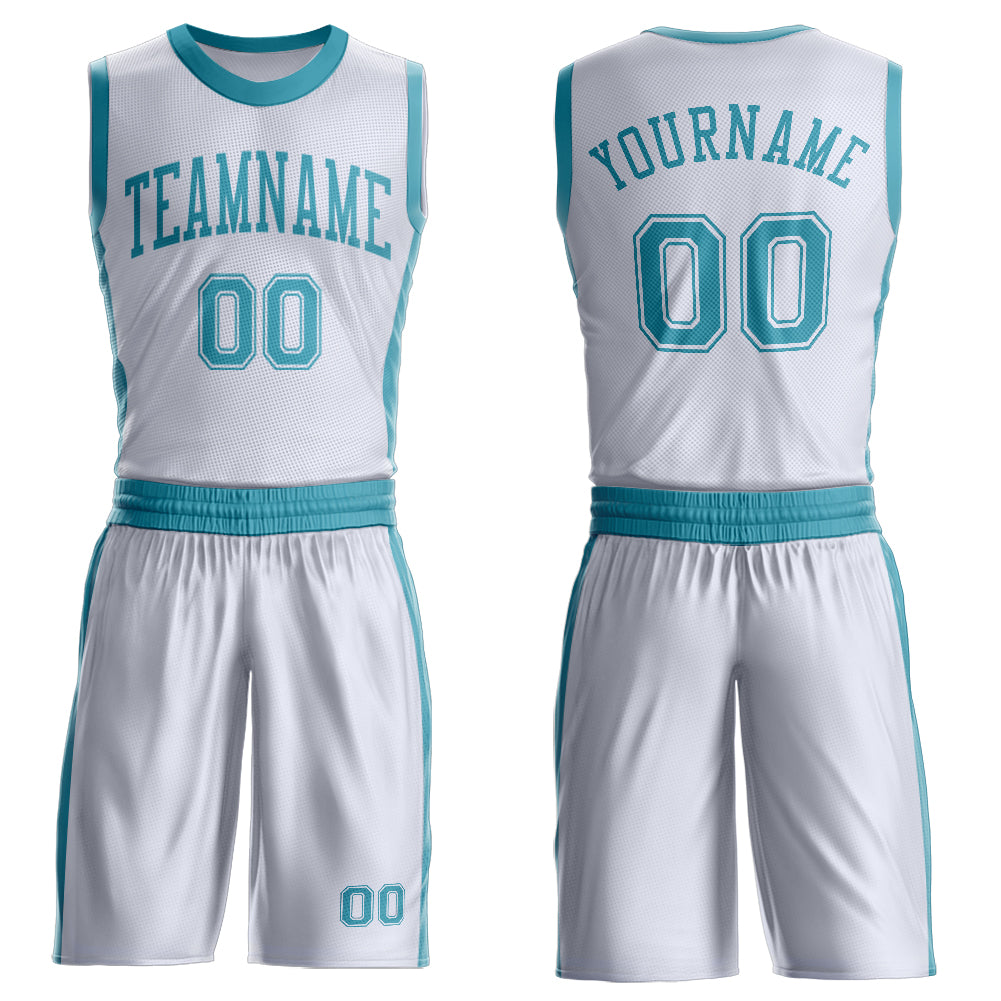 FansIdea Custom White Teal Round Neck Basketball Uniform Jersey - $24.99 at Proof Eyewear