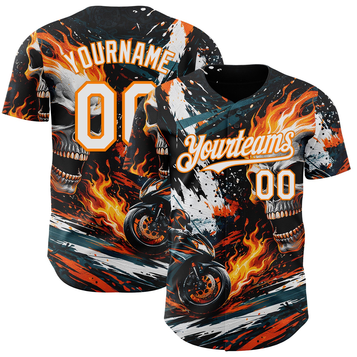 FansIdea Custom Black White Red-Bay Orange 3D Pattern Design Motorcycle Motocross Skull Flame Authentic Baseball Jersey - $29.99 at Proof Eyewear