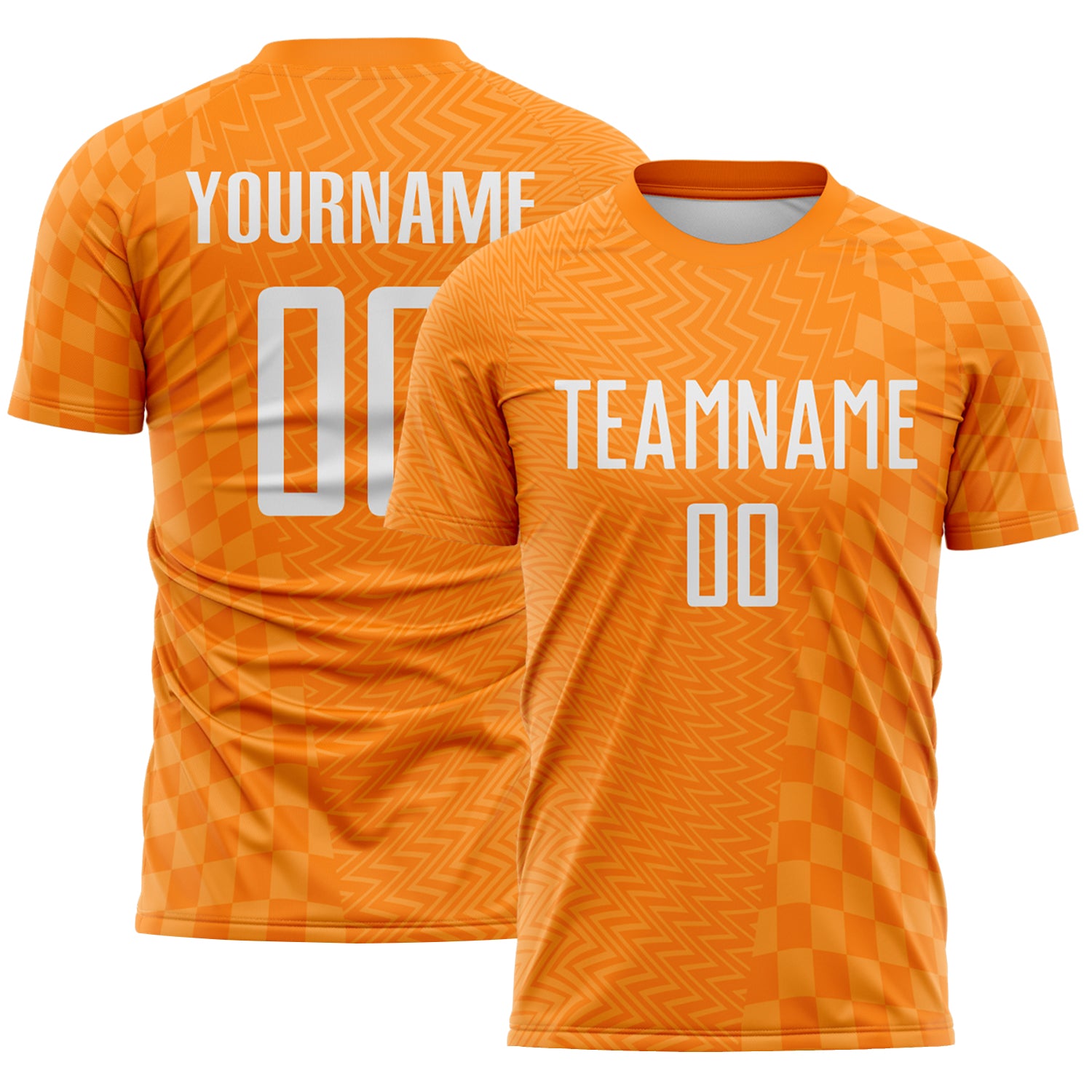 FansIdea Custom Bay Orange-White Geometric Patchwork Asymmetry Checkered Zigzag Lines Sublimation Soccer Uniform Jersey - $16.99 at Proof Eyewear