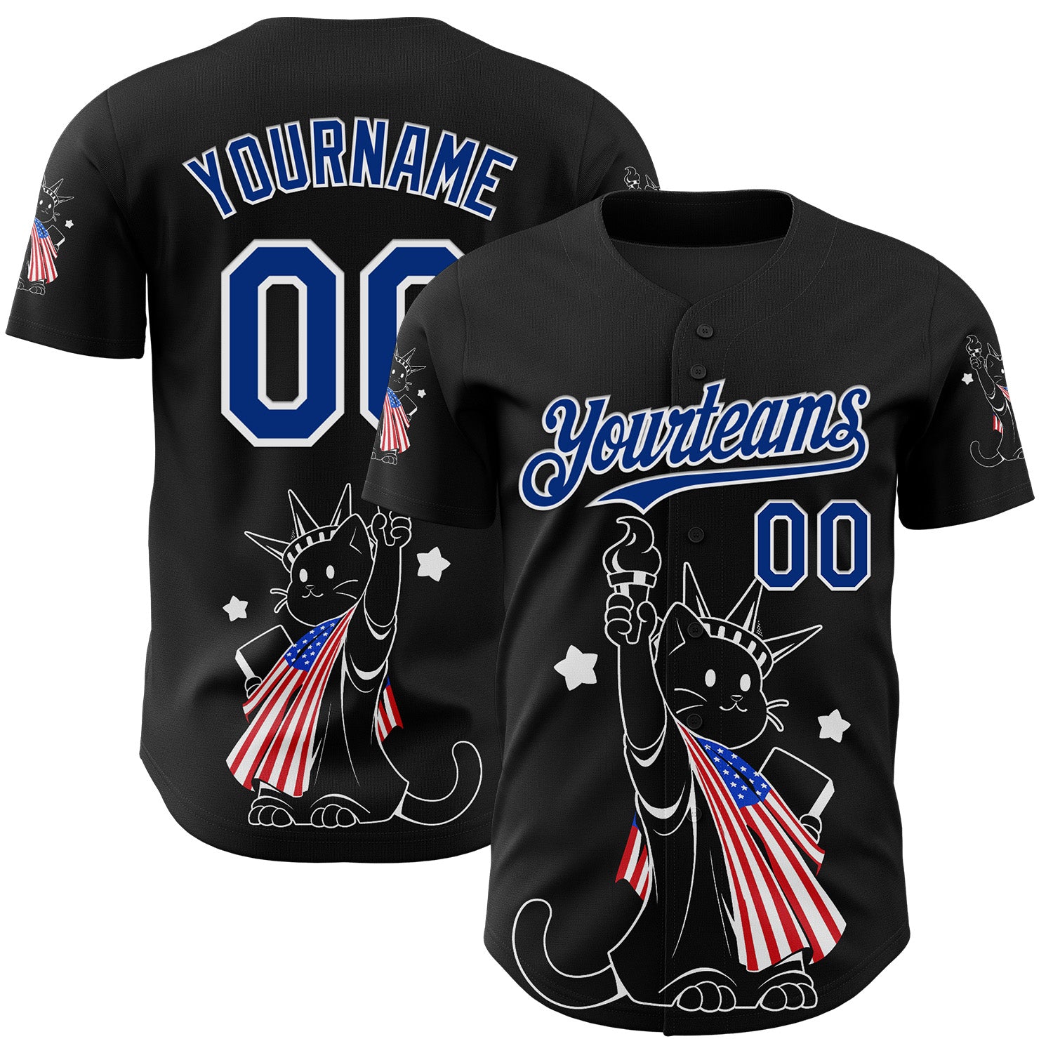 Fansidea-group-collabs Custom Black Royal-White 3D Tobe Fonseca American Flag Liberty Statue Cat Authentic Baseball Jersey - $34.99 at Proof Eyewear