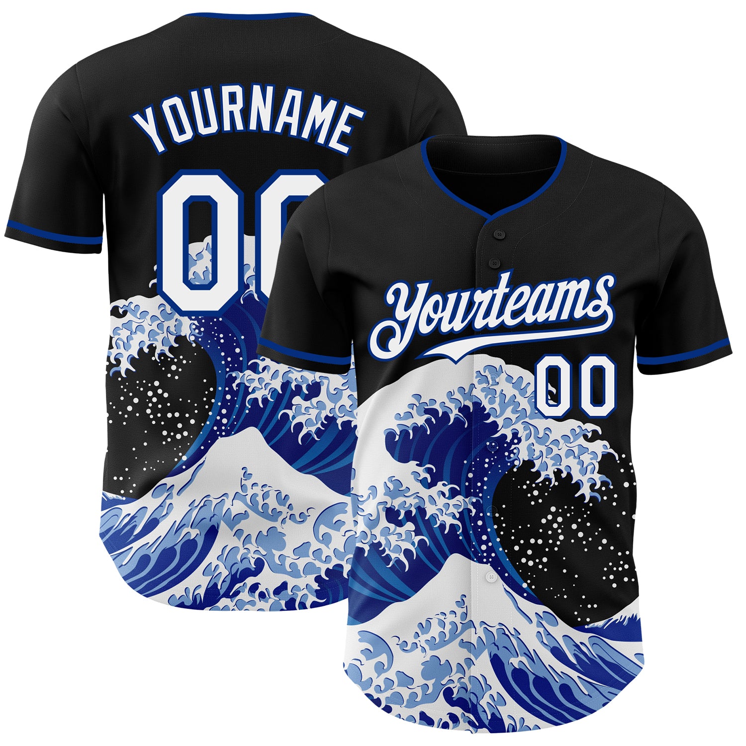 FansIdea Custom Black White-Royal Japanese Wave Authentic Baseball Jersey - $29.99 at Proof Eyewear