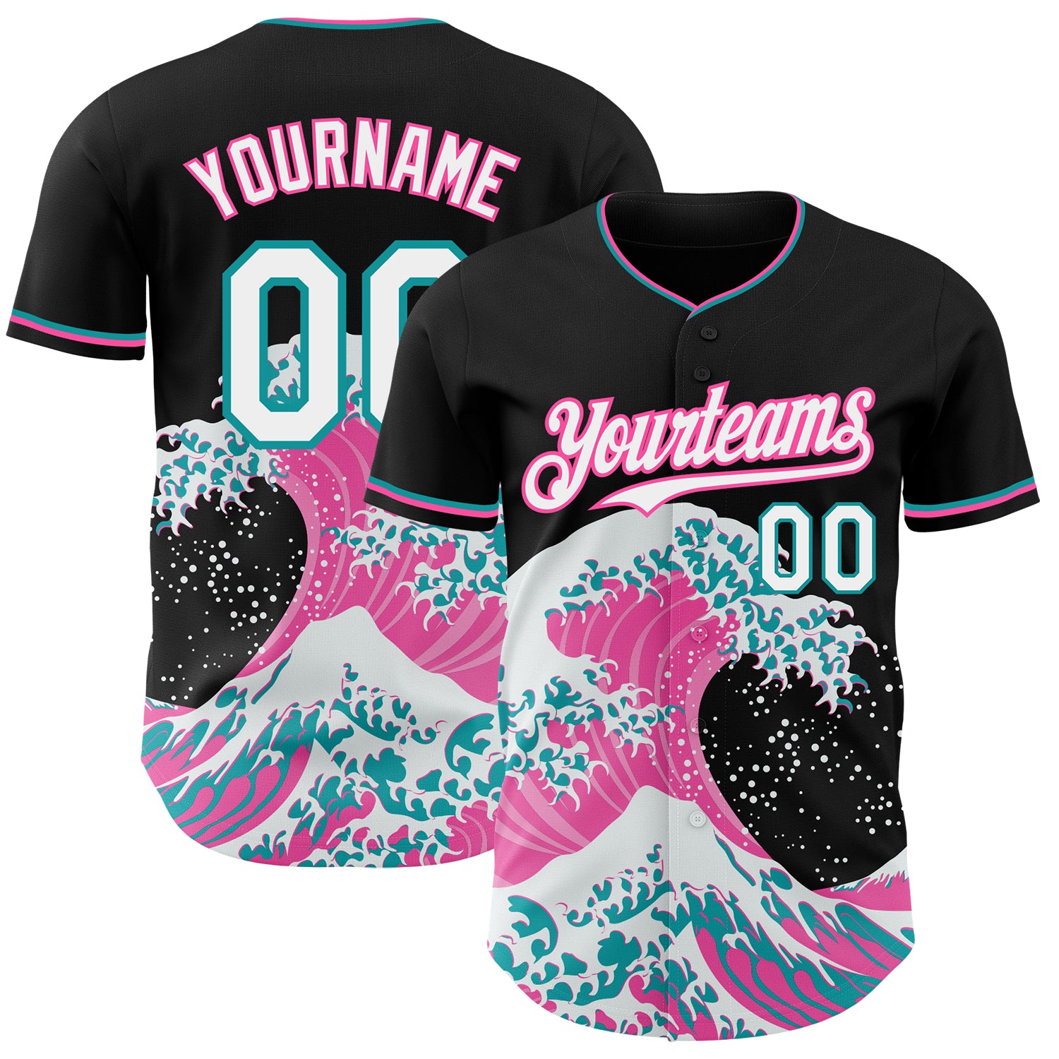 FansIdea Custom Black White Pink-Teal Japanese Wave Authentic Baseball Jersey - $29.99 at Proof Eyewear