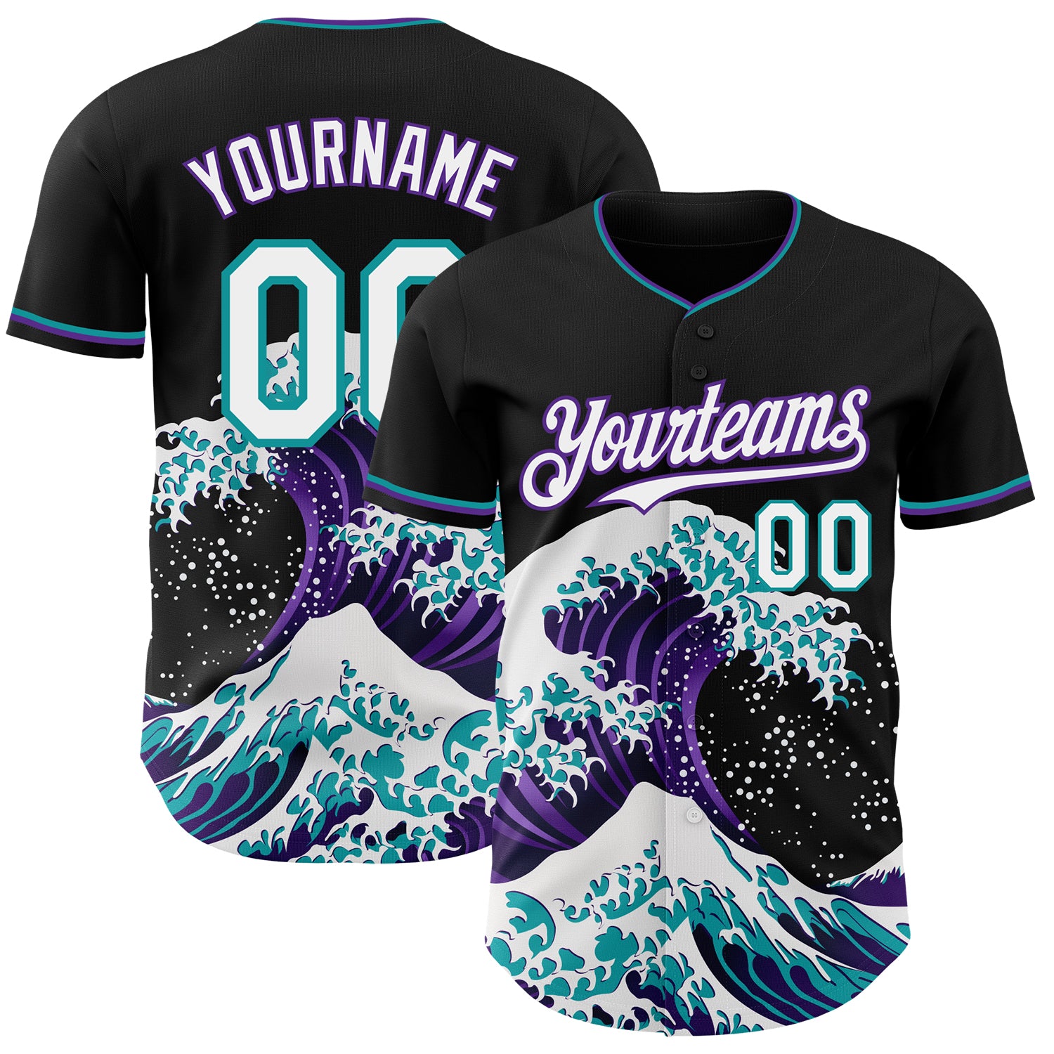 FansIdea Custom Black White Purple-Teal Japanese Wave Authentic Baseball Jersey - $29.99 at Proof Eyewear