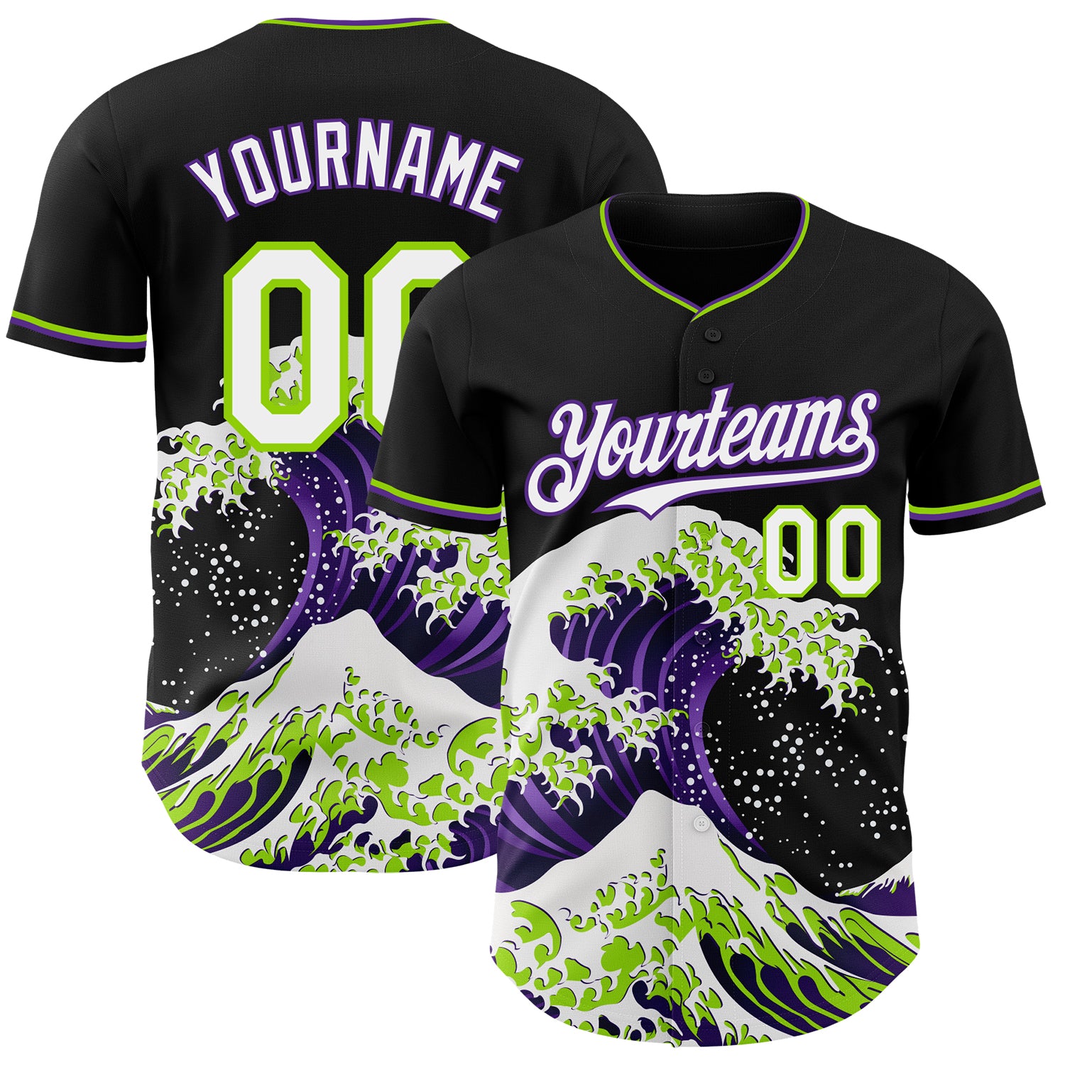 FansIdea Custom Black White Purple-Neon Green Japanese Wave Authentic Baseball Jersey - $29.99 at Proof Eyewear