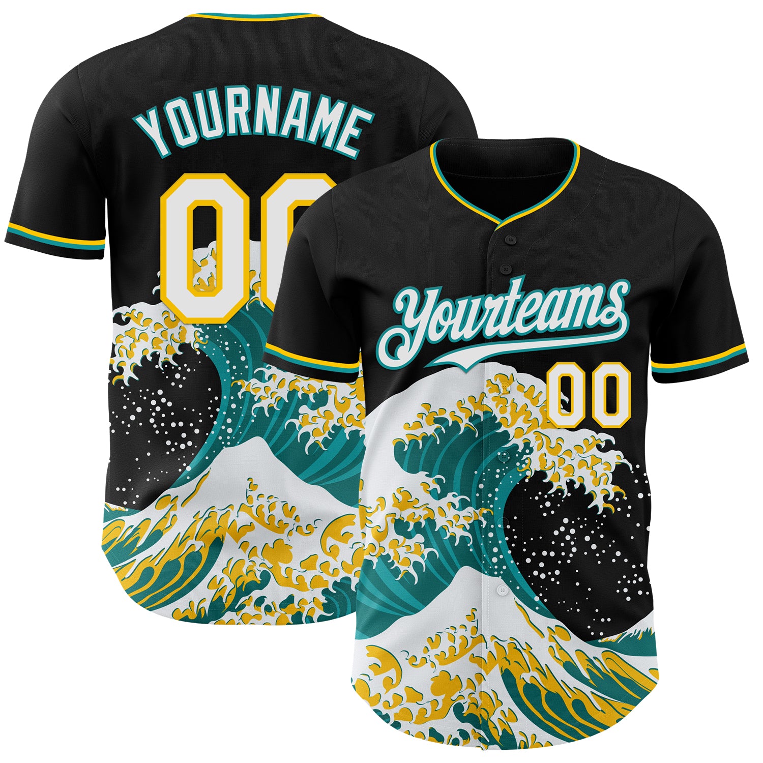 FansIdea Custom Black White Teal-Yellow Japanese Wave Authentic Baseball Jersey - $29.99 at Proof Eyewear