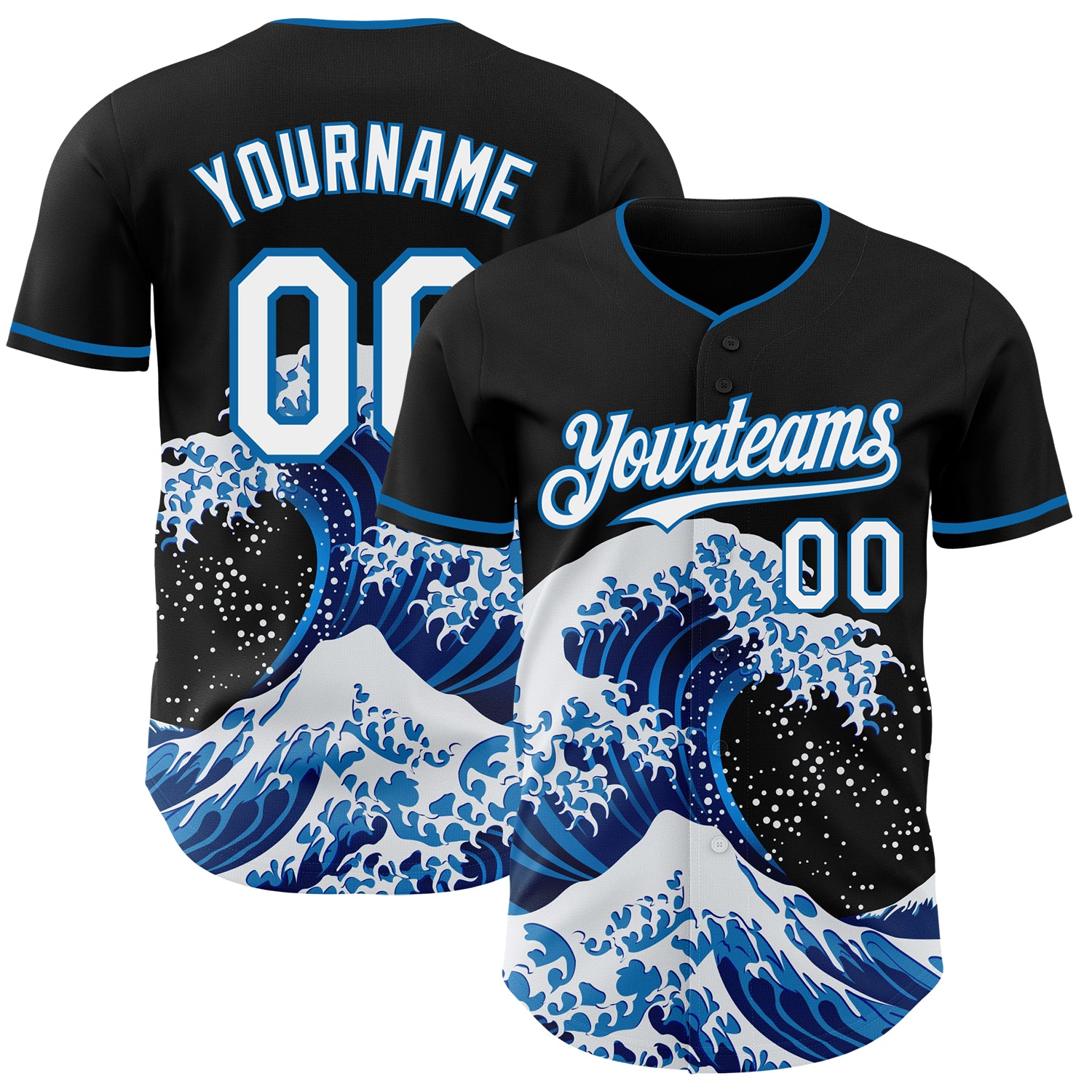 FansIdea Custom Black White-Blue Japanese Wave Authentic Baseball Jersey - $29.99 at Proof Eyewear