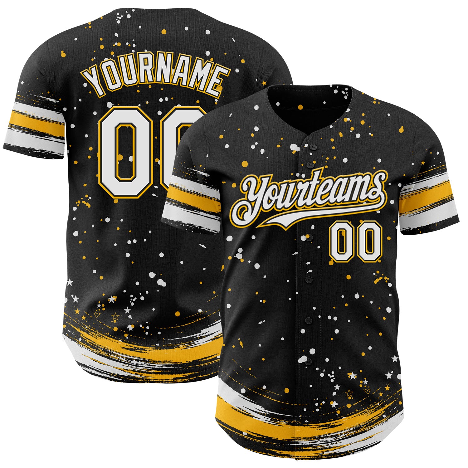 FansIdea Custom Black White-Gold Stars Paint Splatter Brush Stroke Authentic Baseball Jersey - $29.99 at Proof Eyewear
