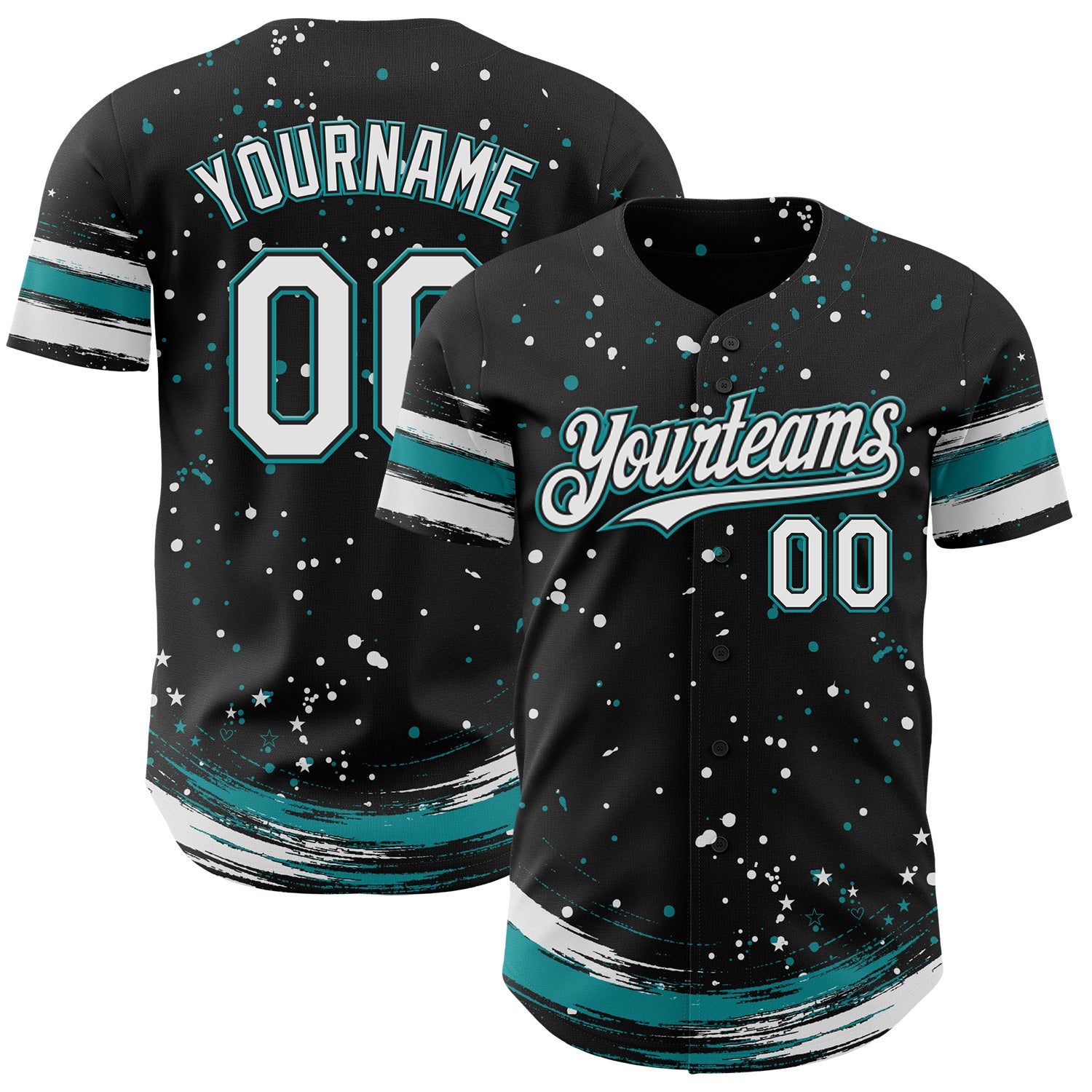 FansIdea Custom Black White-Teal Stars Paint Splatter Brush Stroke Authentic Baseball Jersey - $29.99 at Proof Eyewear