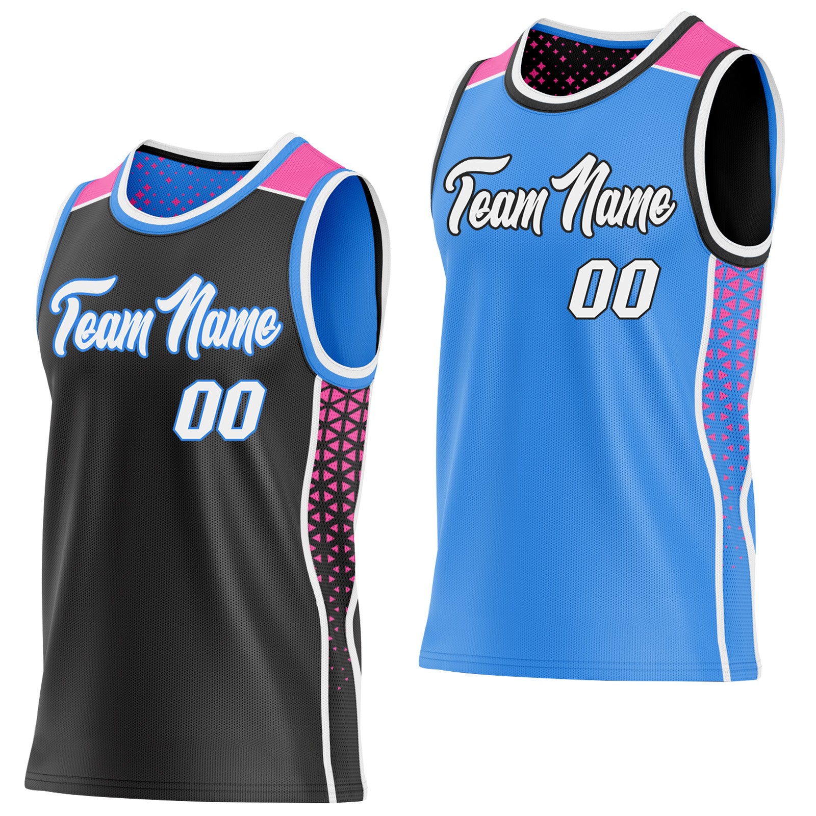 FansIdea Custom Black White Powder Blue-Pink Side Panel Stripe Geometric Triangle Gradient Dot Reversible Double Side Sublimation Basketball Set Jersey - $17.99 at Proof Eyewear