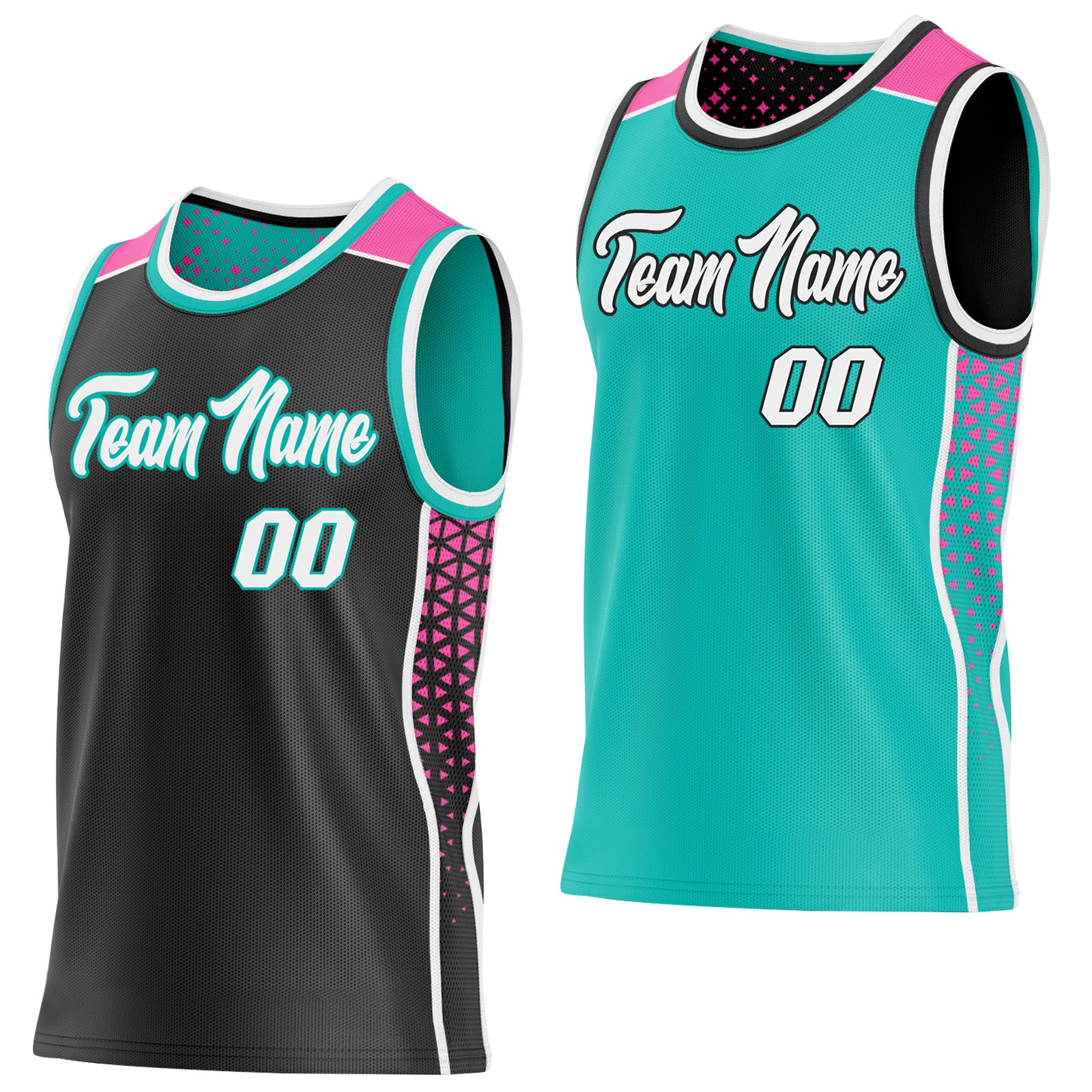 FansIdea Custom Black White Aqua-Pink Side Panel Stripe Geometric Triangle Gradient Dot Reversible Double Side Sublimation Basketball Set Jersey - $17.99 at Proof Eyewear